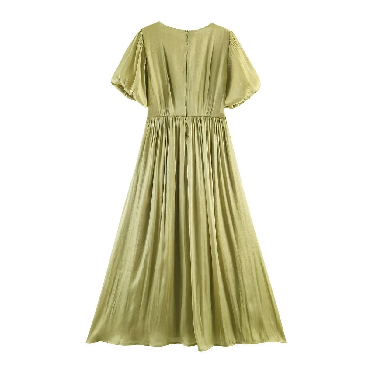 Sage ruched waist puff sleeve midi dress, back flat lay