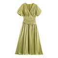 Sage ruched waist puff sleeve midi dress, front flat lay
