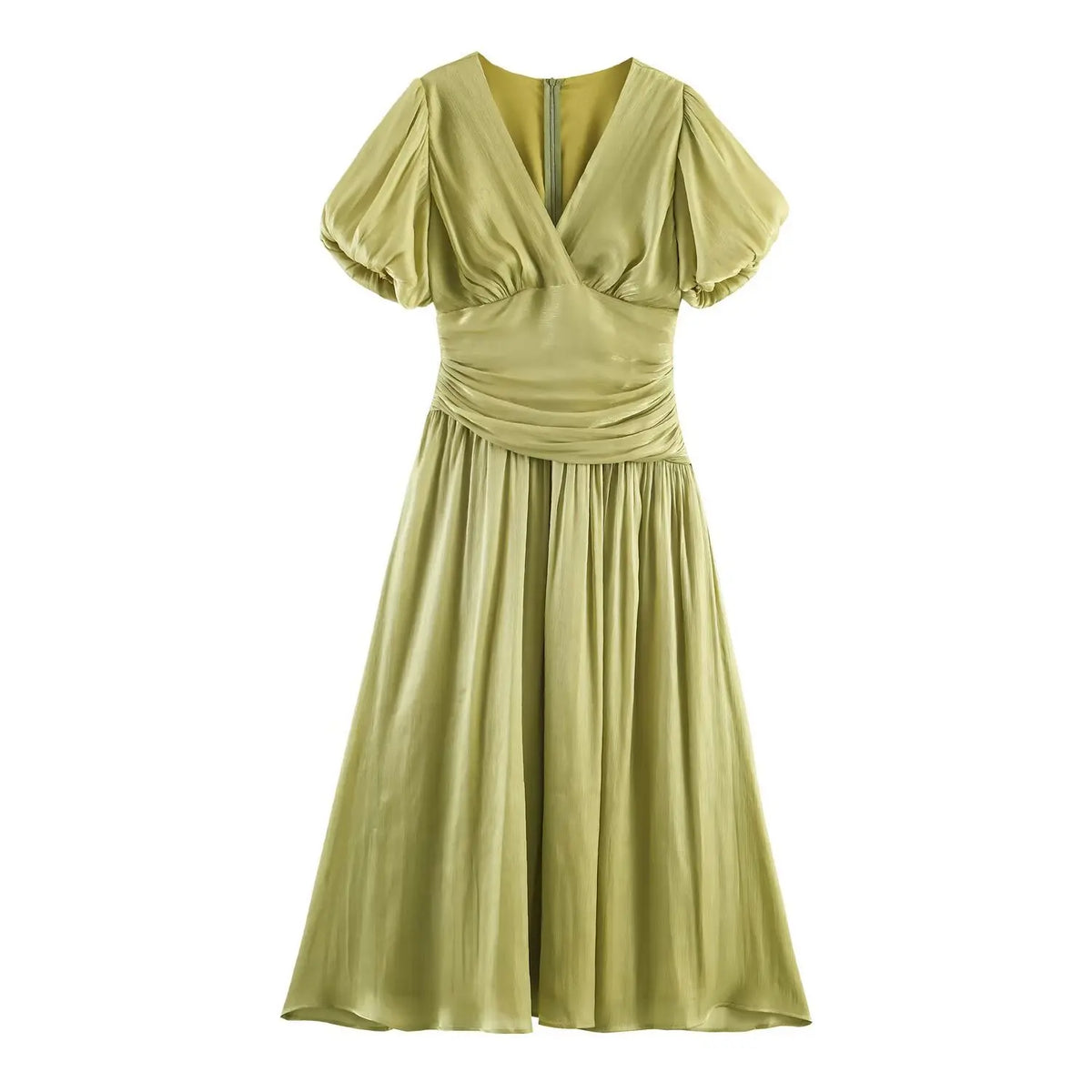 Sage ruched waist puff sleeve midi dress, front flat lay