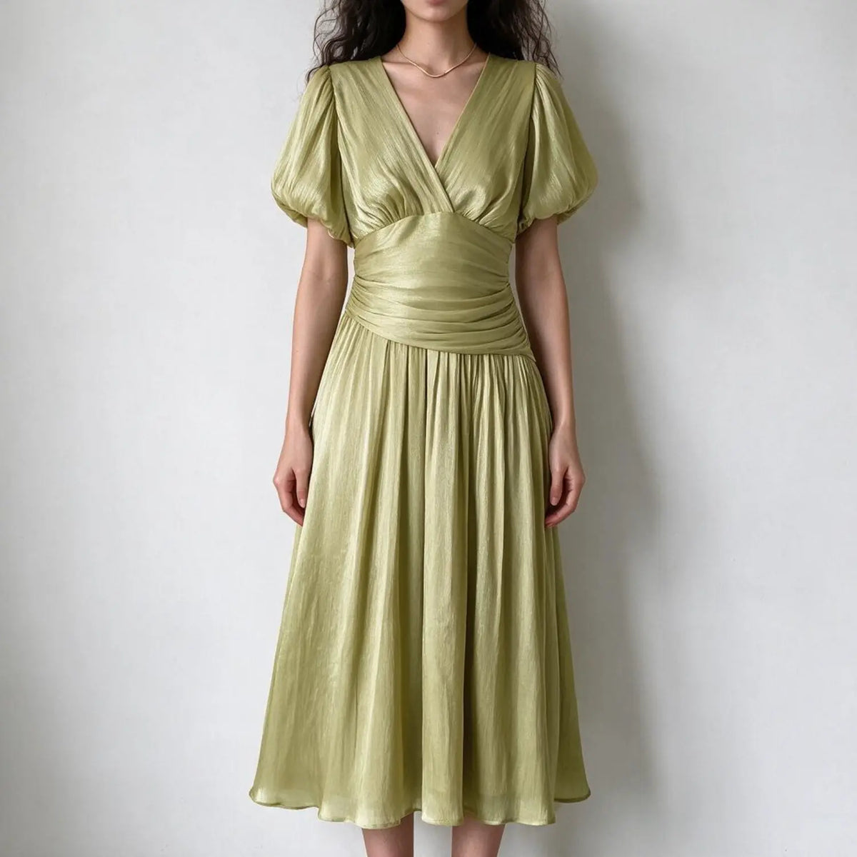 Model wearing sage ruched waist puff sleeve midi dress, front view