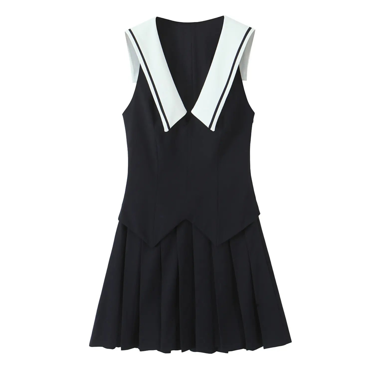 Full front flat lay, sleeveless design, contrast white oversized sailor V collar, pointed faux two-piece waist panel, uniform box pleat mini skirt, matte black suiting fabric