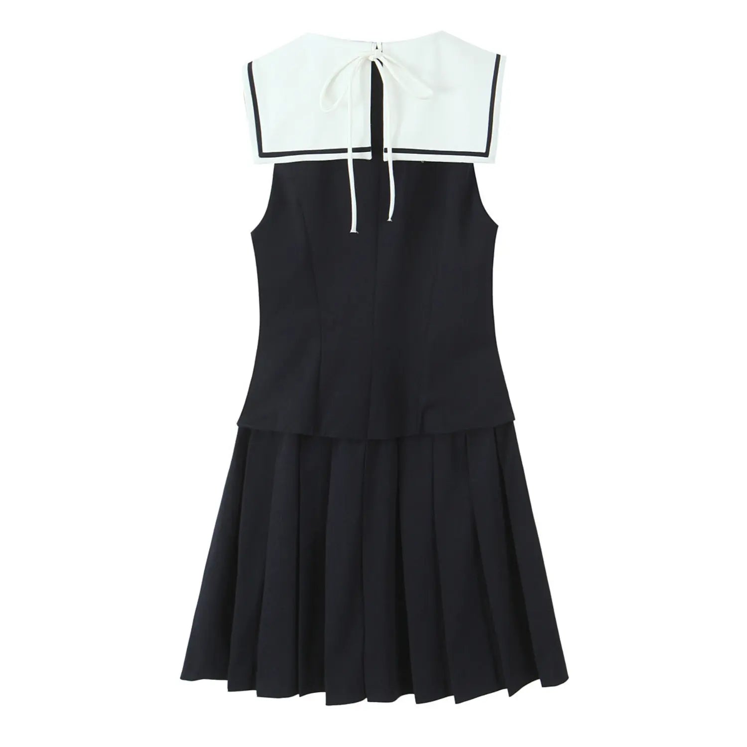 Full back flat shot, full square sailor back collar, center keyhole tie closure with self-fabric white string, central back invisible zipper, full pleated A-line skirt