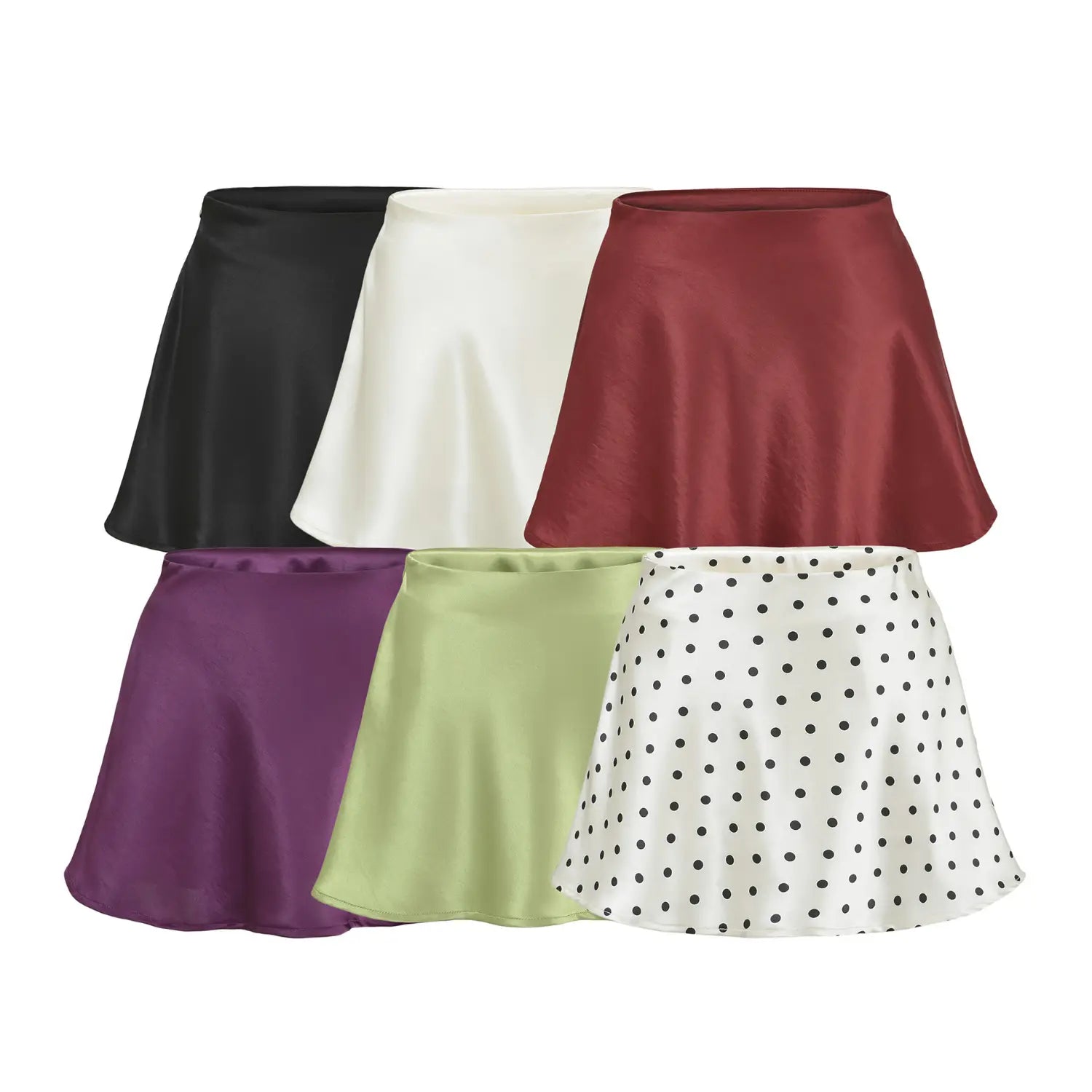 Flat group shot of silky satin A-line mini skirt in 6 colors, solid black, cream white, burgundy, purple, light green, white black polka dot, high waist flared short skirt