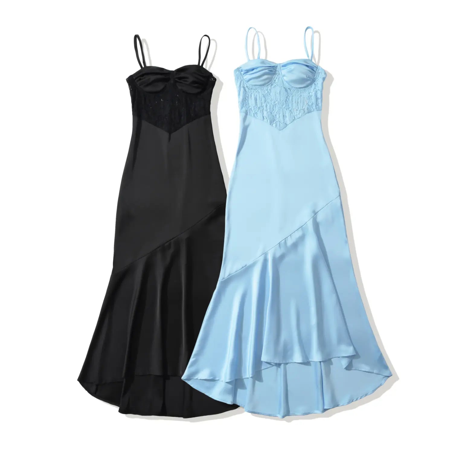 Group shot of satin lace camisole maxi dress in black and blue