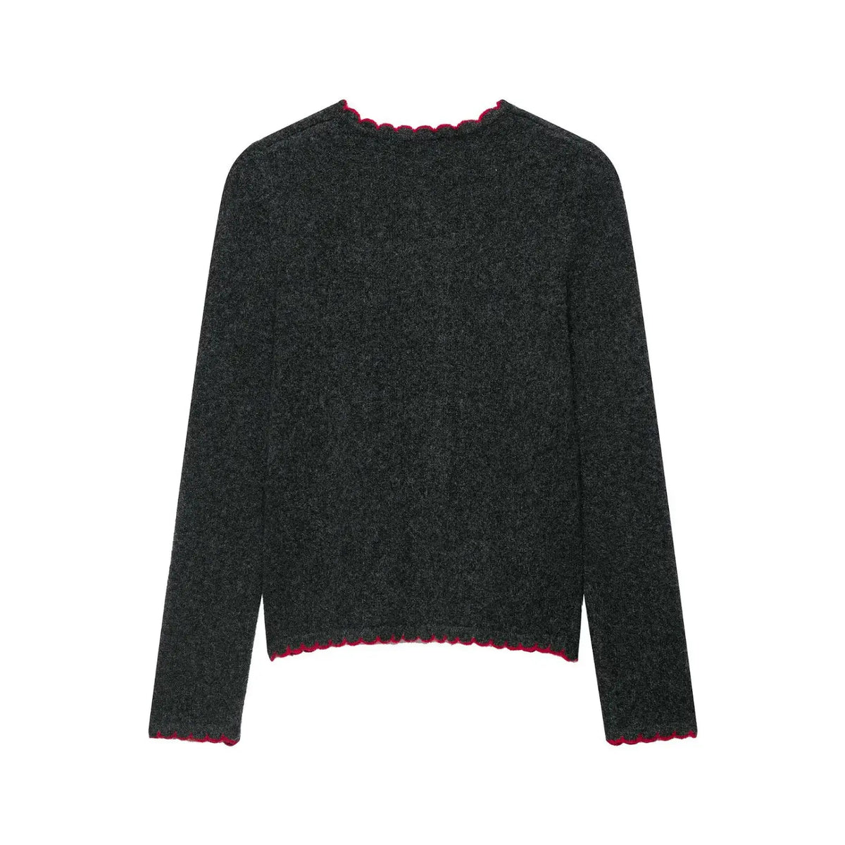 Dark gray scallop edge button front cropped cardigan, back flat lay