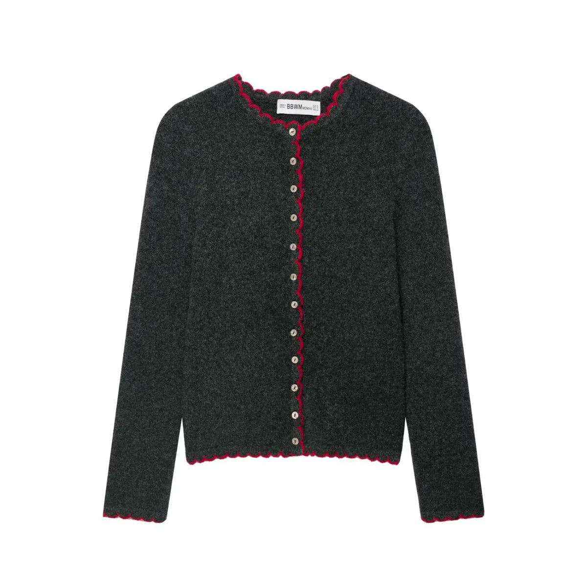 Dark gray scallop edge button front cropped cardigan, front flat lay