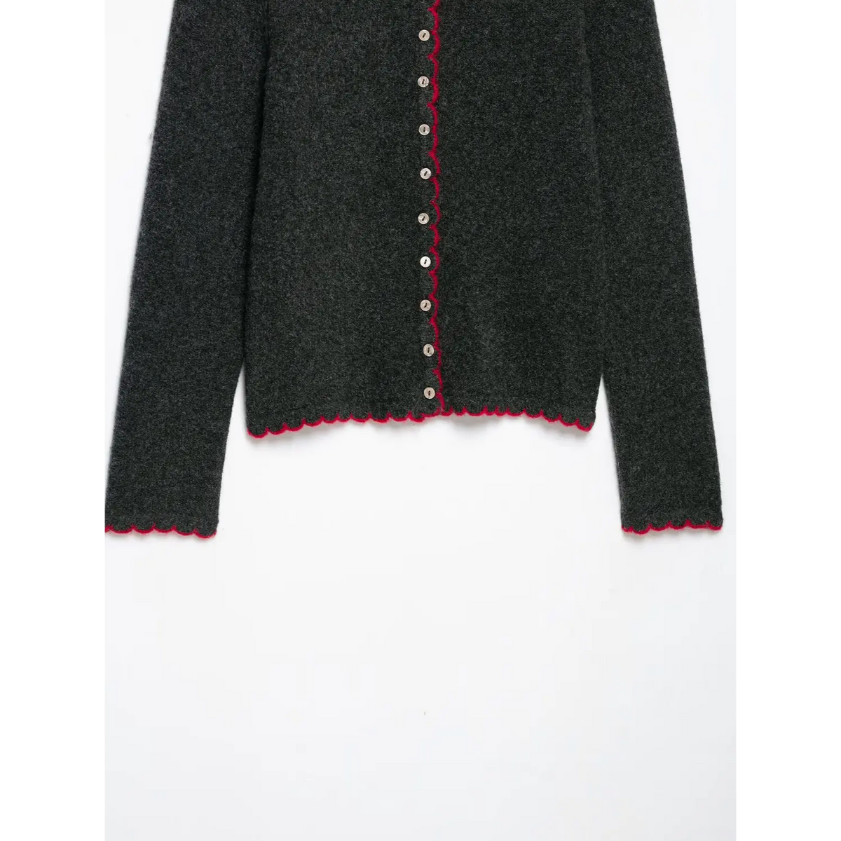 Dark gray cardigan hem and sleeves with red scalloped edge