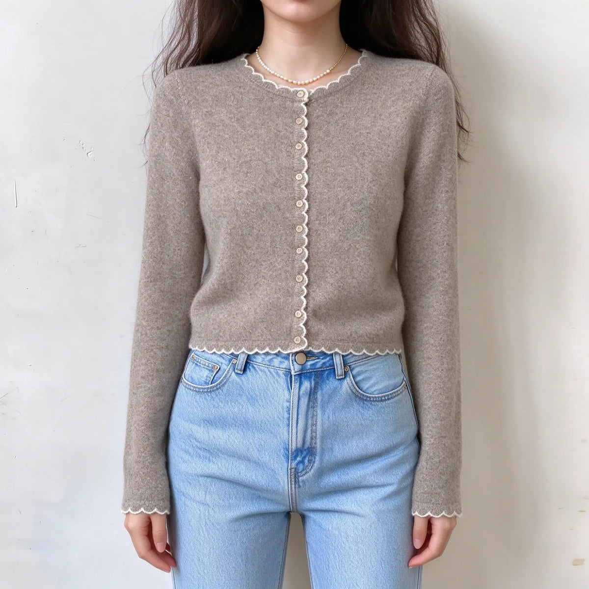 Model wearing oatmeal scallop edge button front cropped cardigan, front view