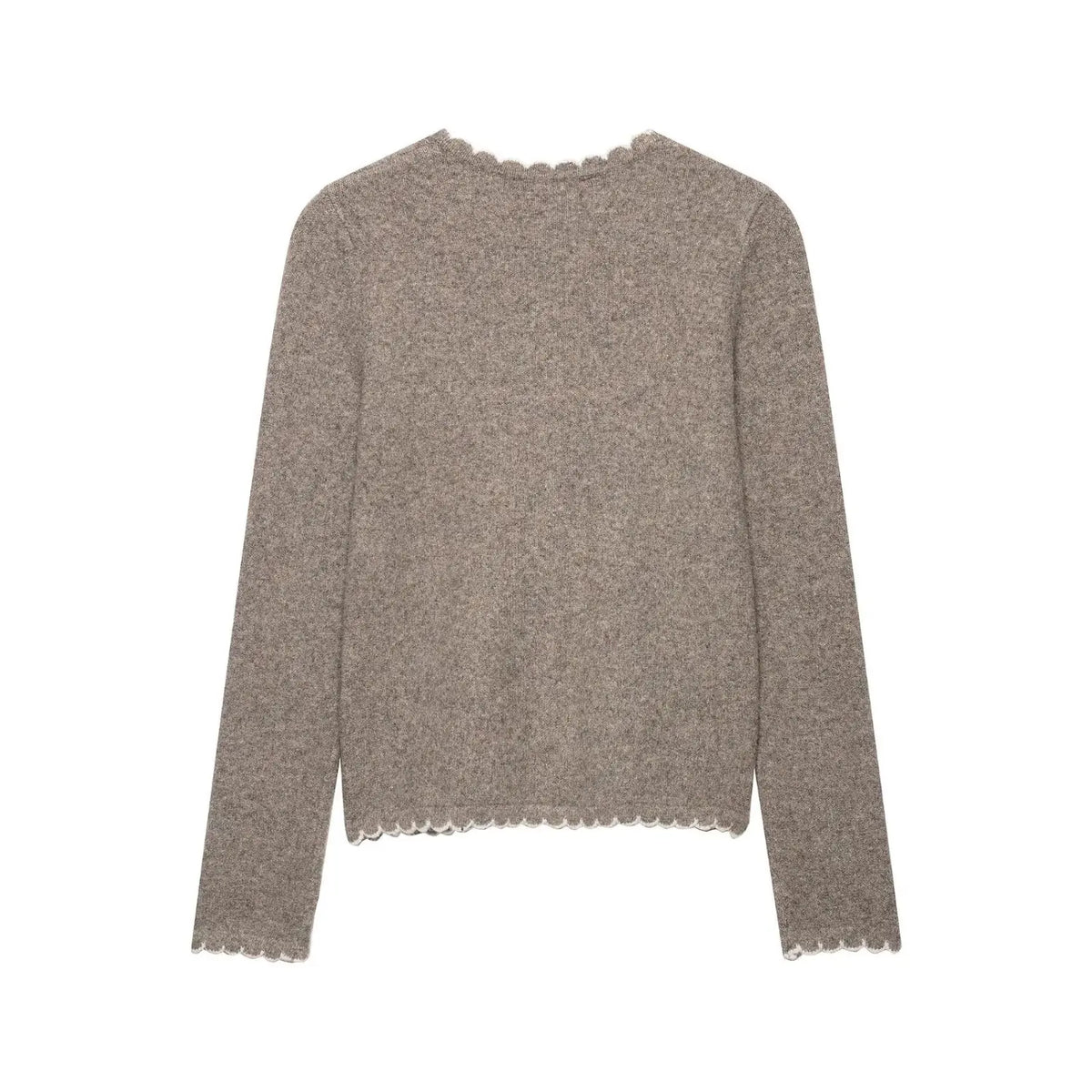 Oatmeal scallop edge button front cropped cardigan, back flat lay