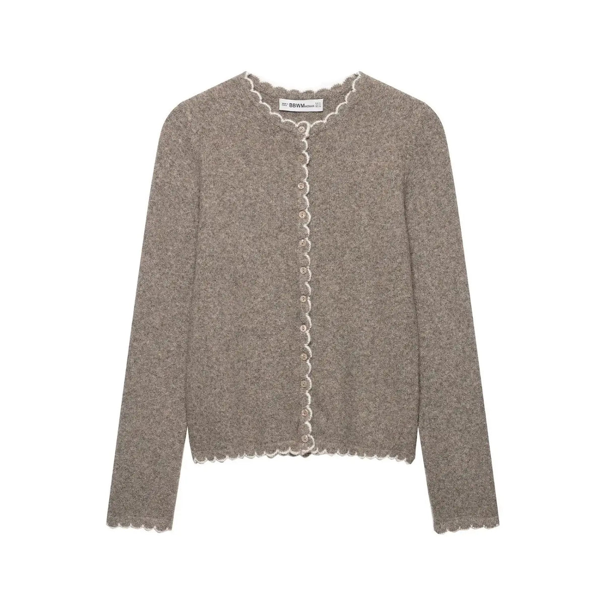 Oatmeal scallop edge button front cropped cardigan, front flat lay