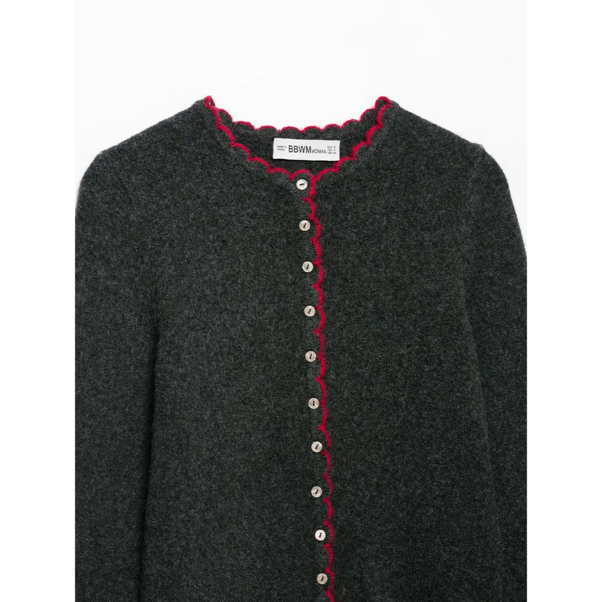 Close-up of dark gray neckline, placket and mother of pearl buttons