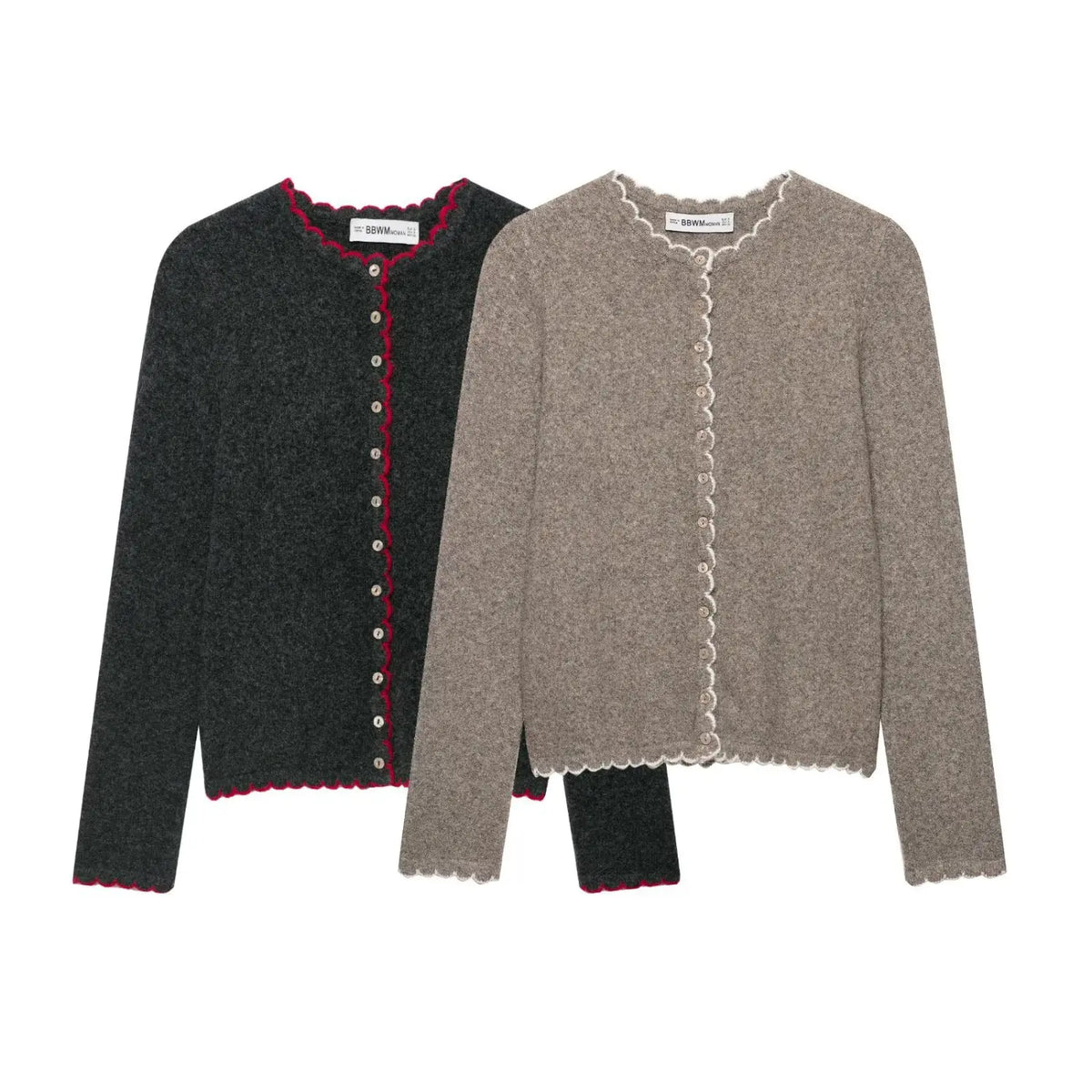Front flat lay of two color options, dark gray with red scallop edge and oatmeal with white scallop edge