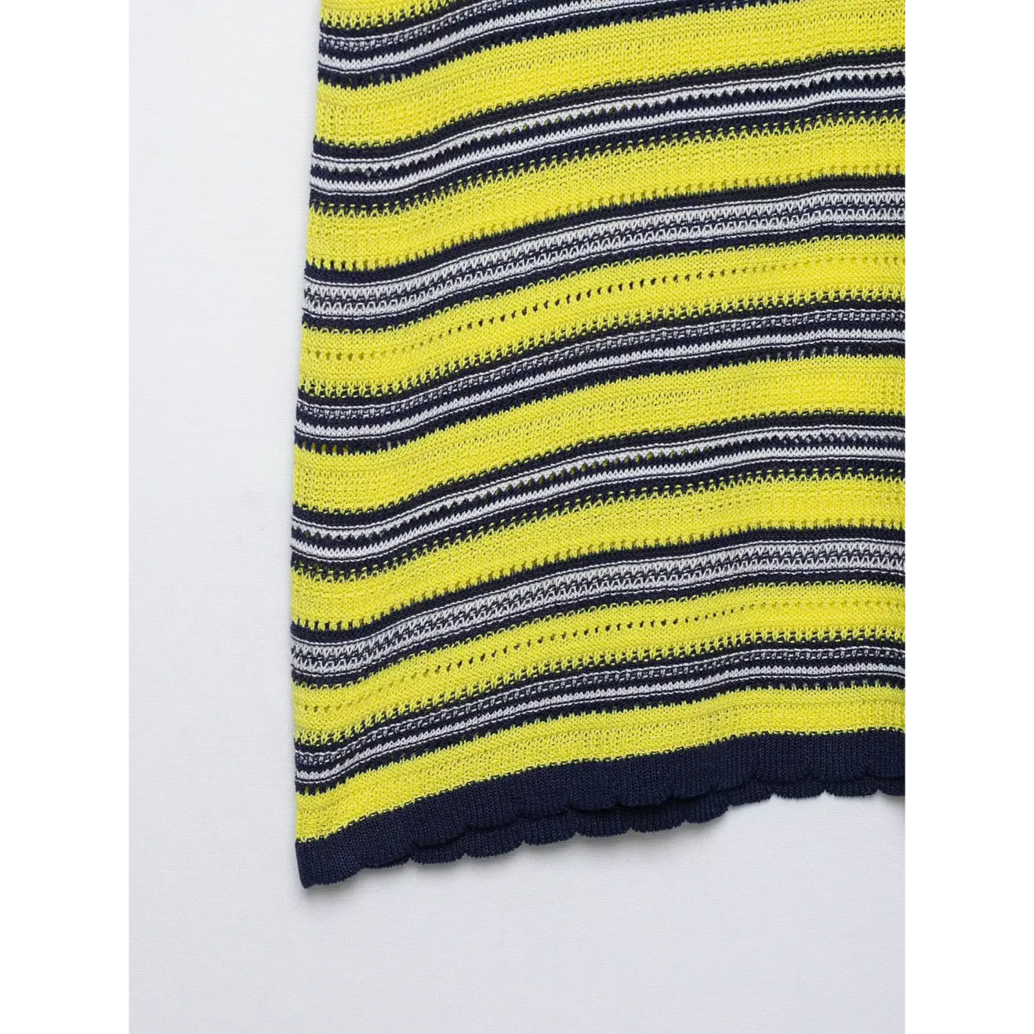 Bottom hem close-up, navy scalloped edge trim, striped openwork knit, lightweight breathable knit structure