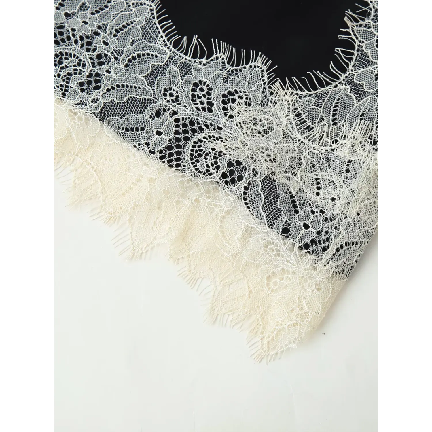 Macro shot of eyelash scalloped cream floral lace hem, intricate openwork lace edge for dress bottom