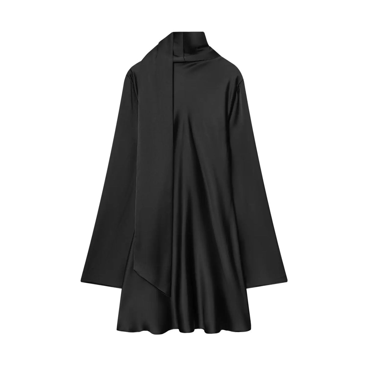 Black scarf neck deep V satin mini dress, back flat lay