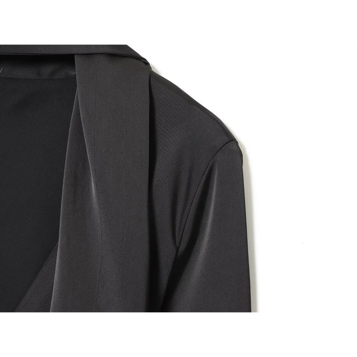 Close-up of black shoulder seam and flared sleeve