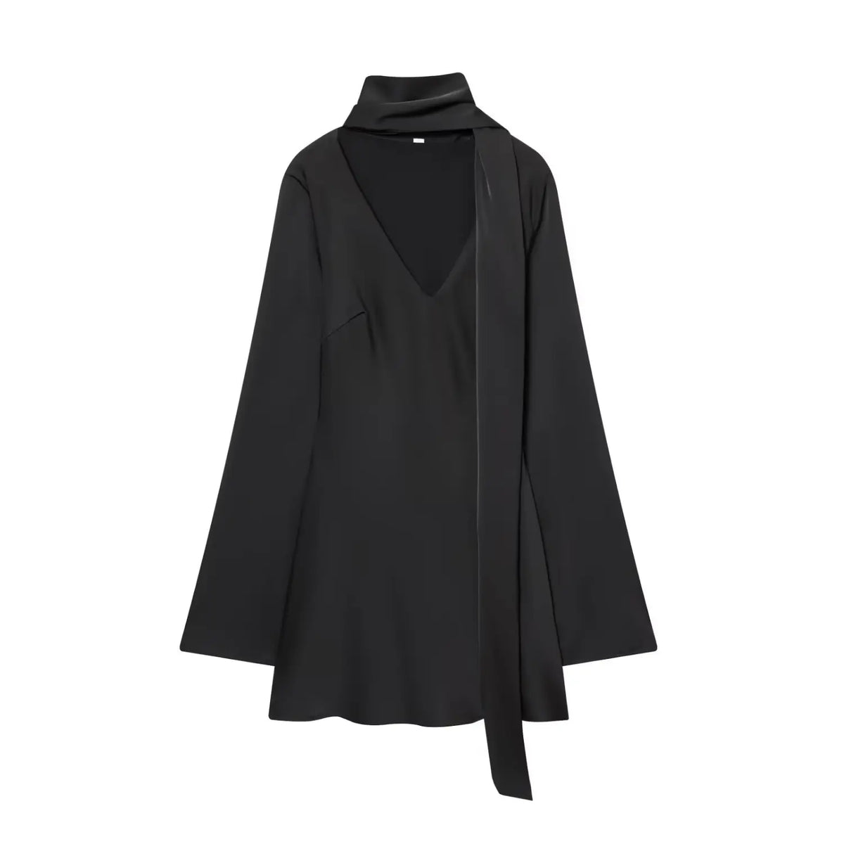 Black scarf neck deep V satin mini dress, front flat lay