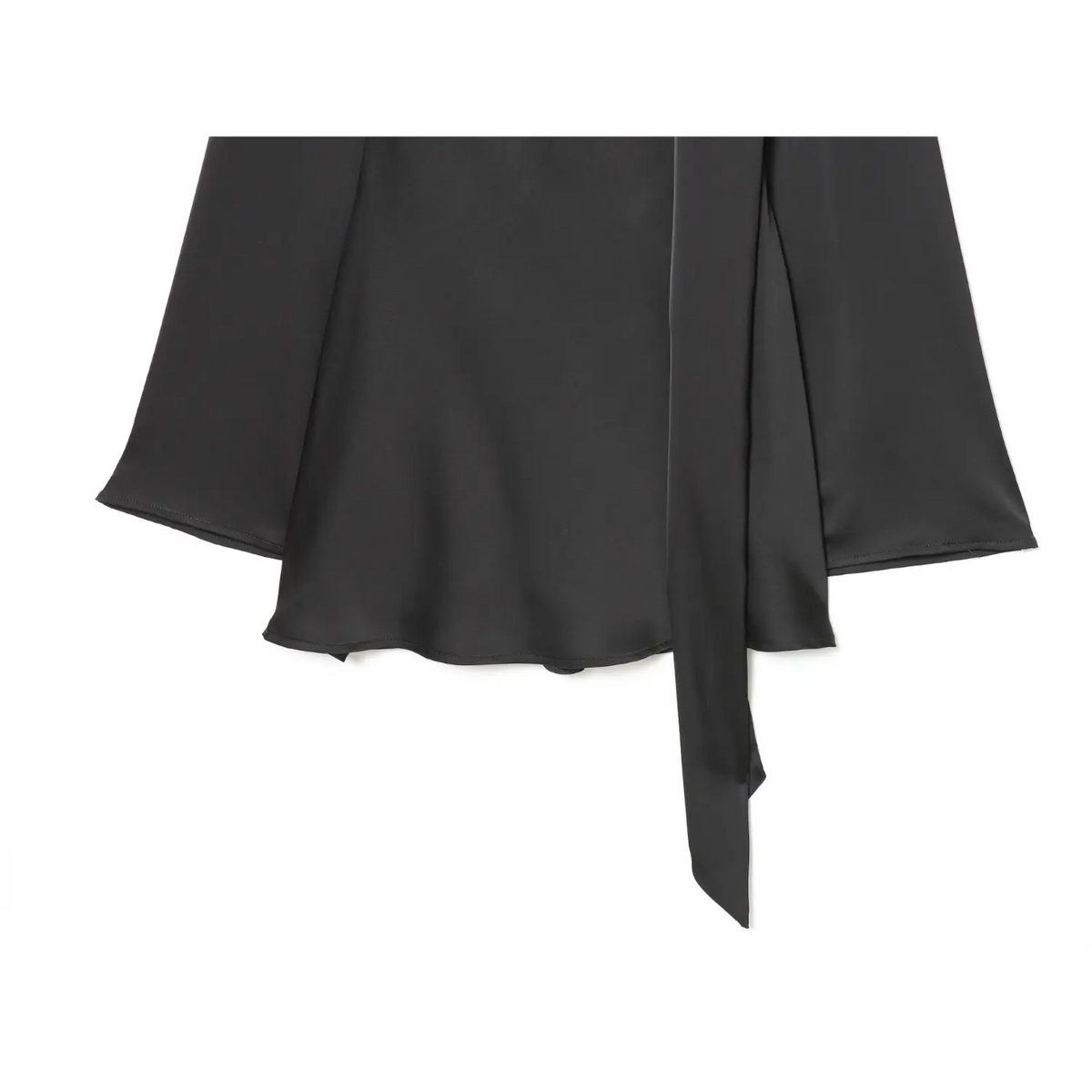 Close-up of black A-line hem and hanging scarf tie