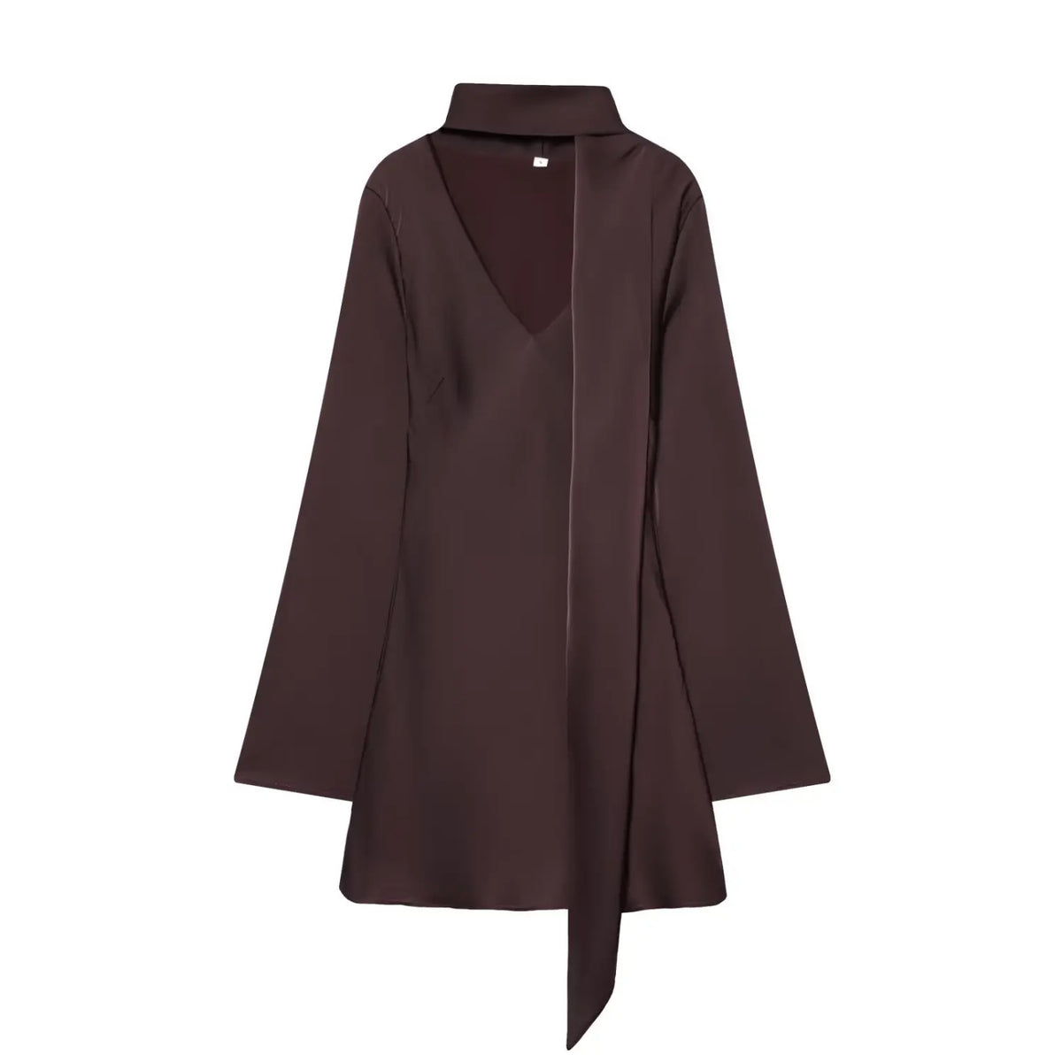 Burgundy scarf neck deep V satin mini dress, front flat lay
