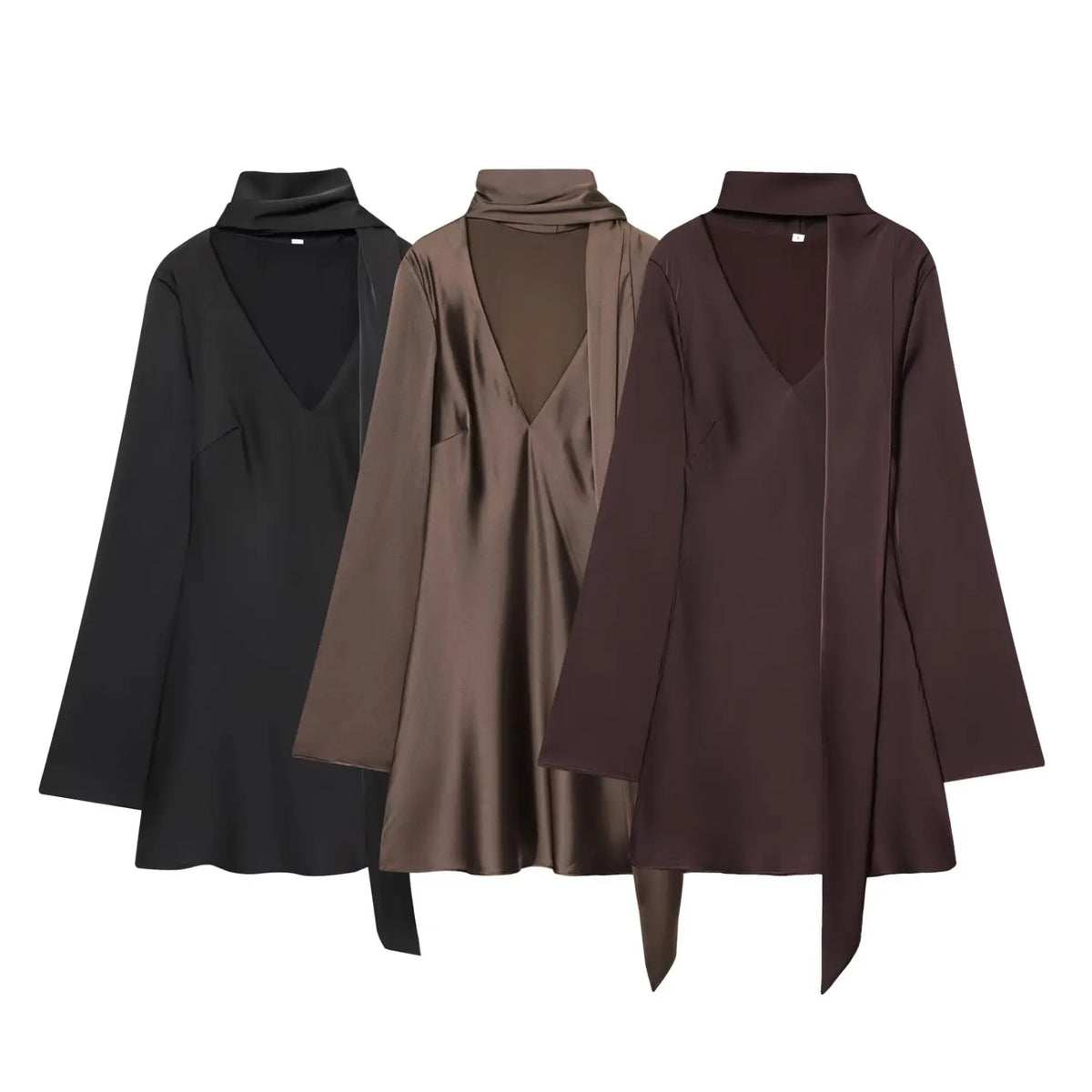 Three colorways of scarf neck deep V satin mini dress, mocha black burgundy
