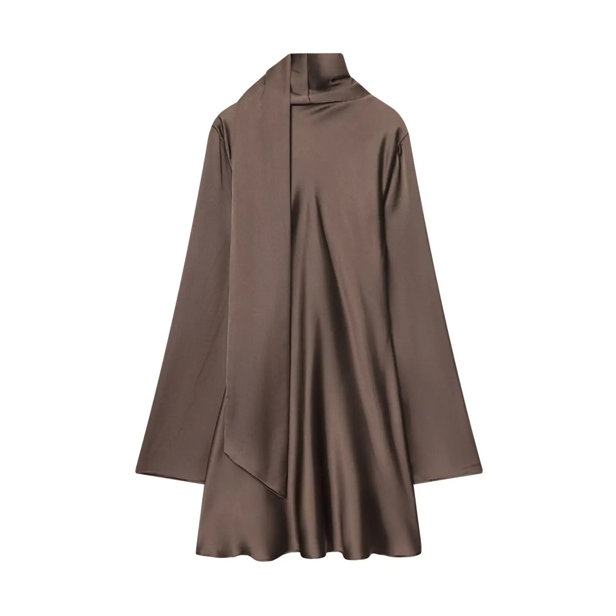 Mocha brown scarf neck deep V satin mini dress, back flat lay