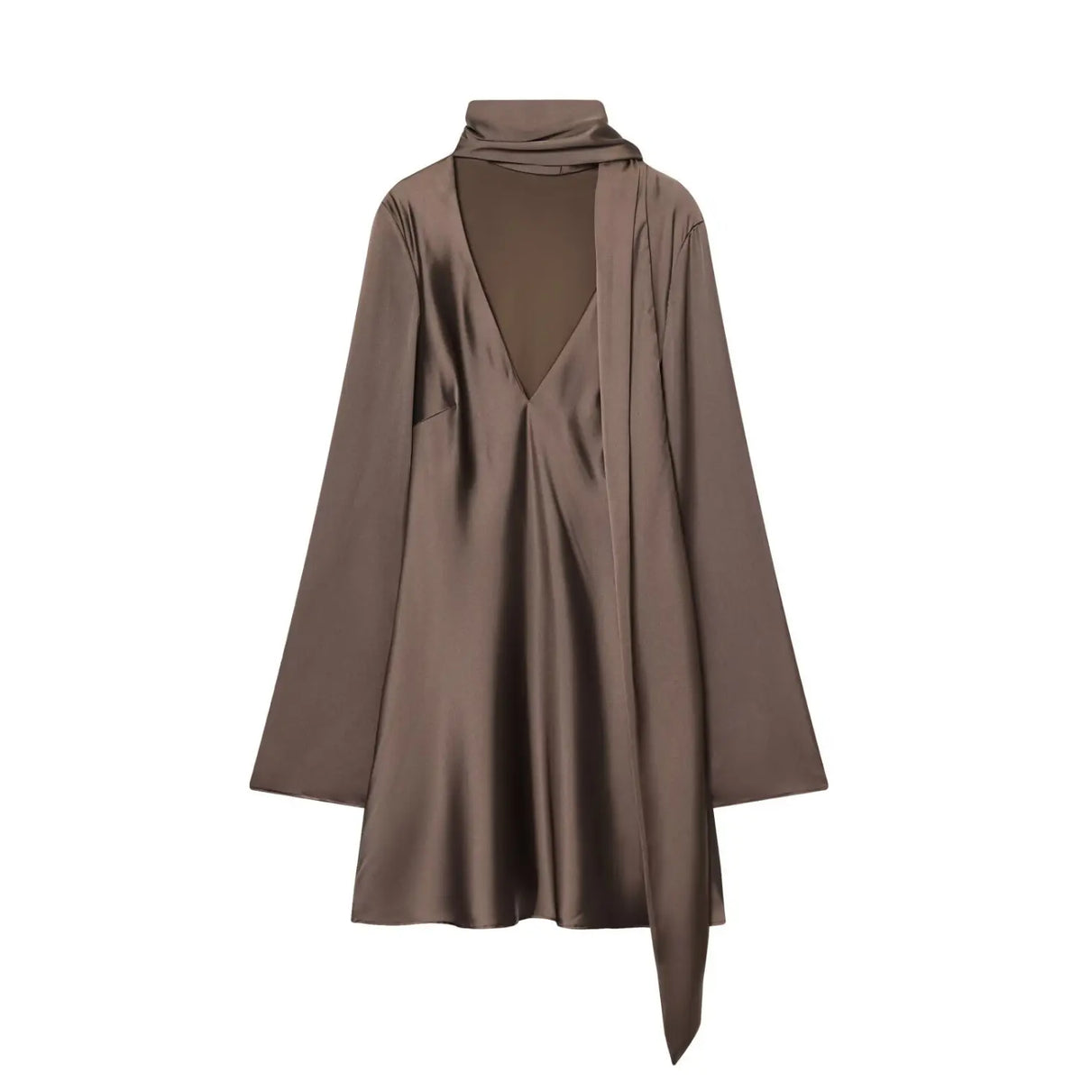 Mocha brown scarf neck deep V satin mini dress, front flat lay
