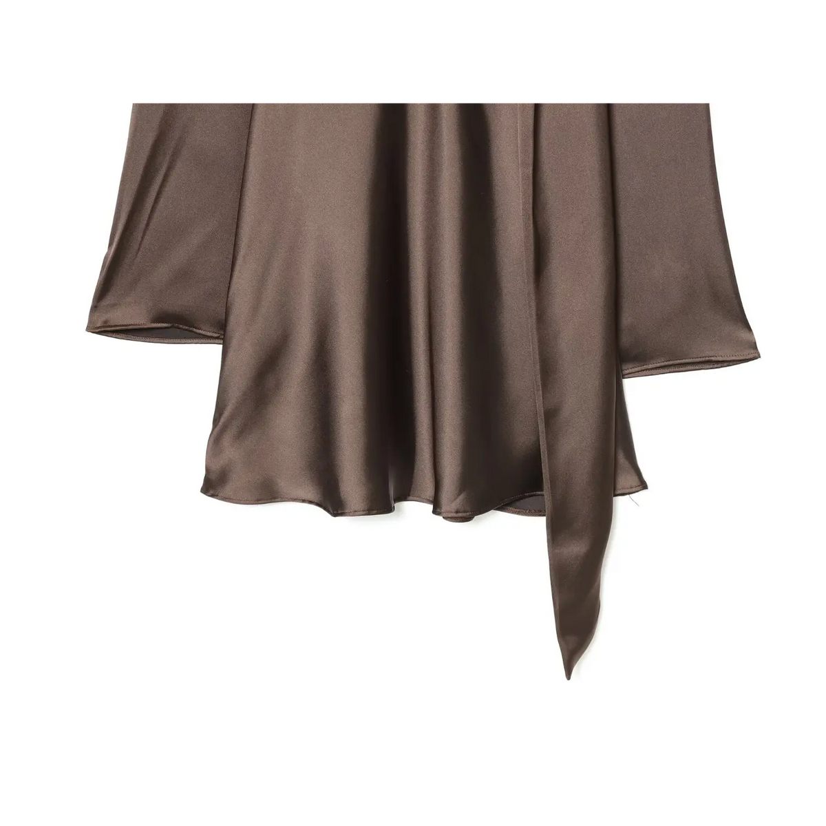 Close-up of mocha brown A-line hem and hanging scarf tie