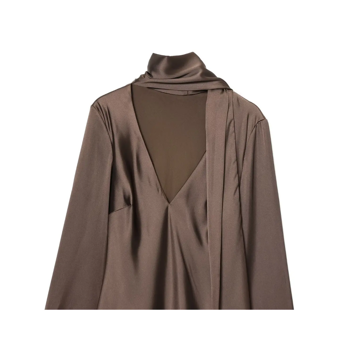 Close-up of mocha brown deep V neckline and draped scarf tie