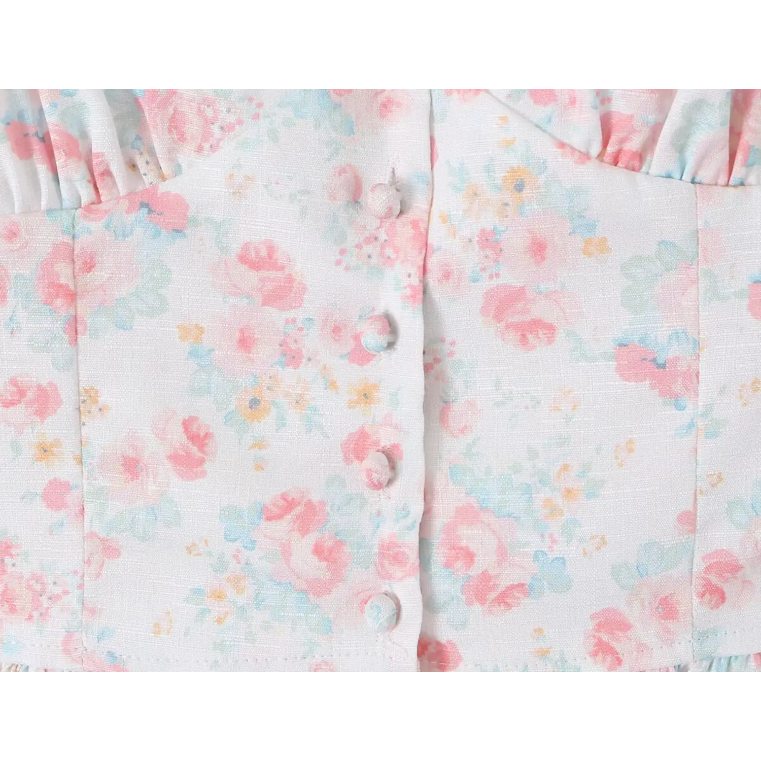 Front placket macro shot round self-fabric covered matching print buttons, neat vertical stitch seam, lightweight pastel floral woven material, deep V lace overlay wrap bust design
