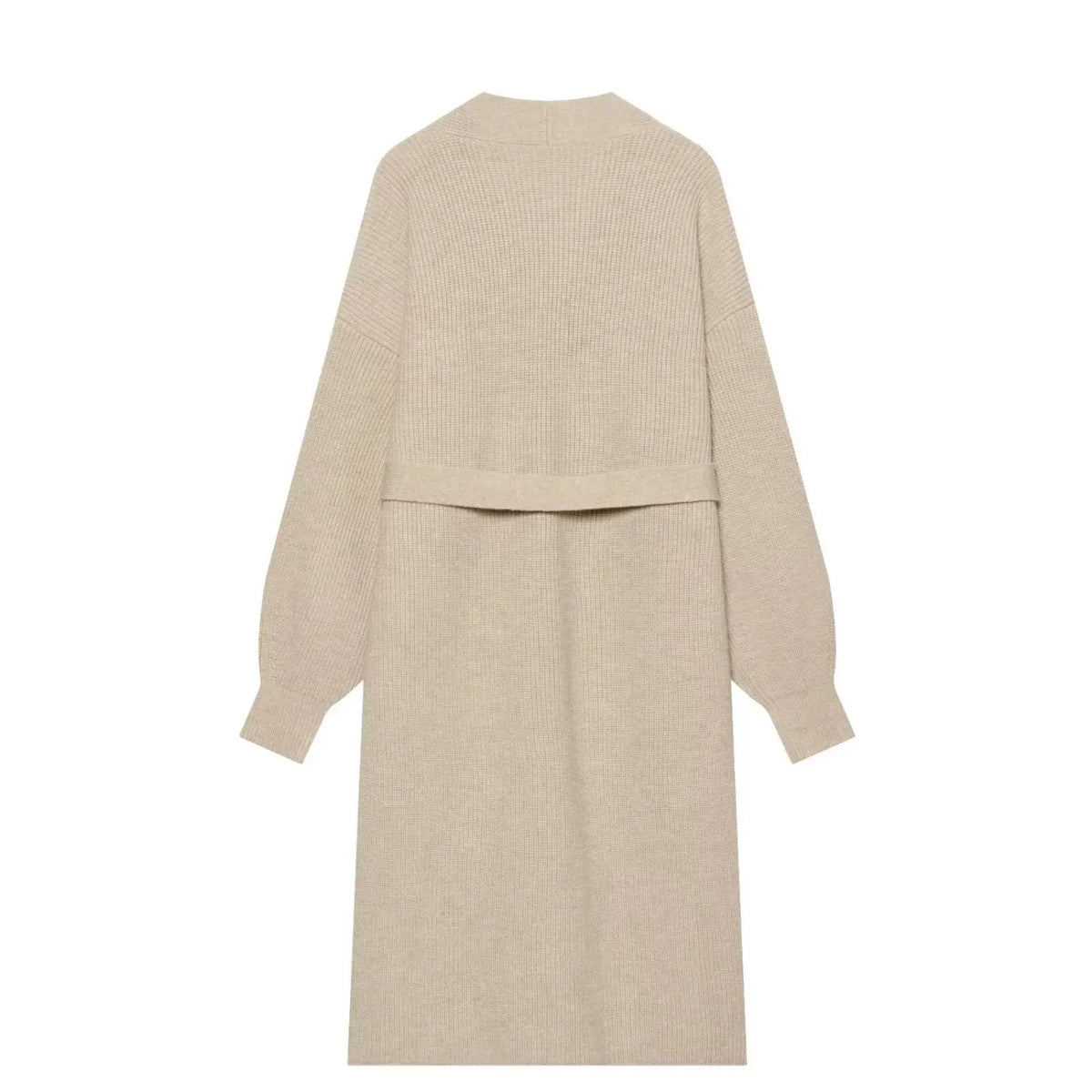 Beige sequin embroidered belted long cardigan, back flat lay