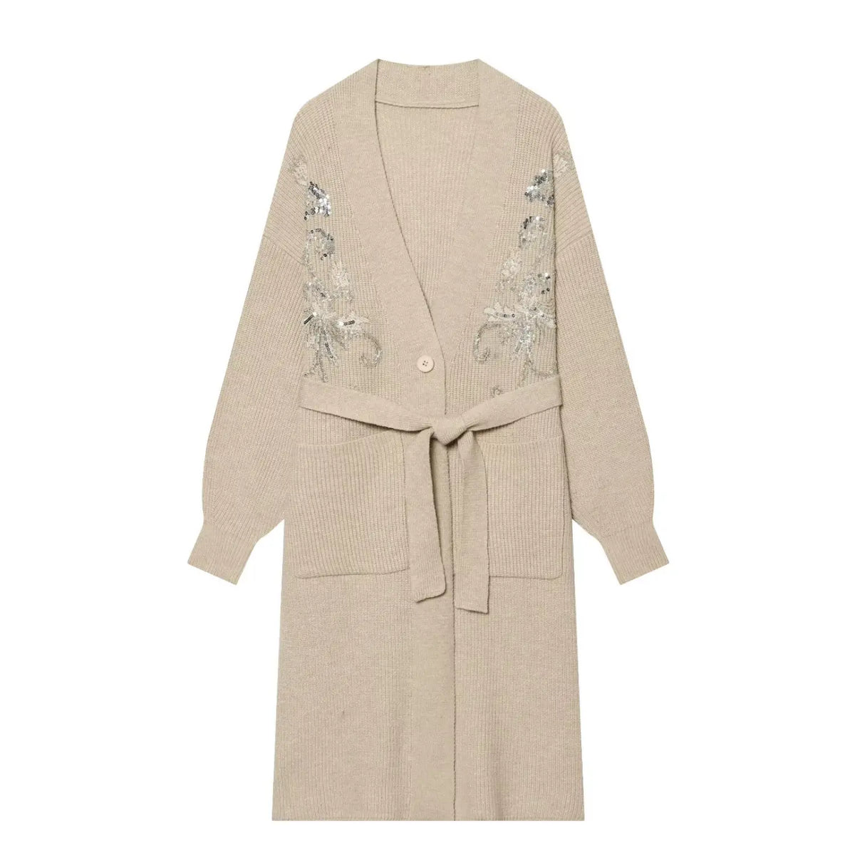 Beige sequin embroidered belted long cardigan, front flat lay