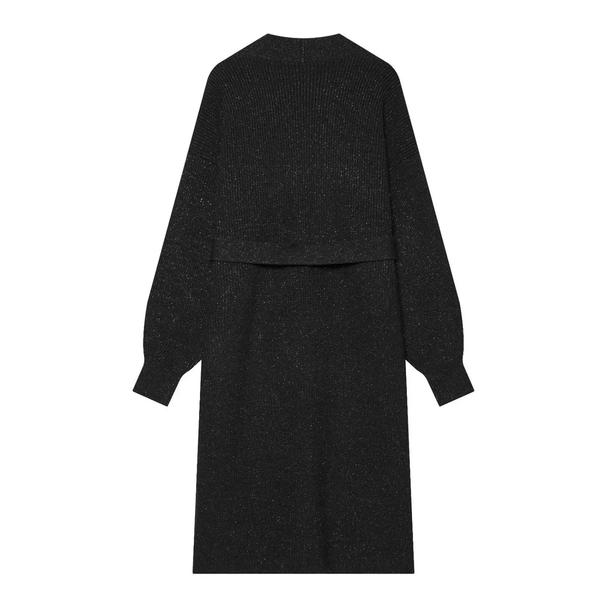 Black sequin embroidered belted long cardigan, back flat lay