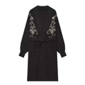 Black sequin embroidered belted long cardigan, front flat lay