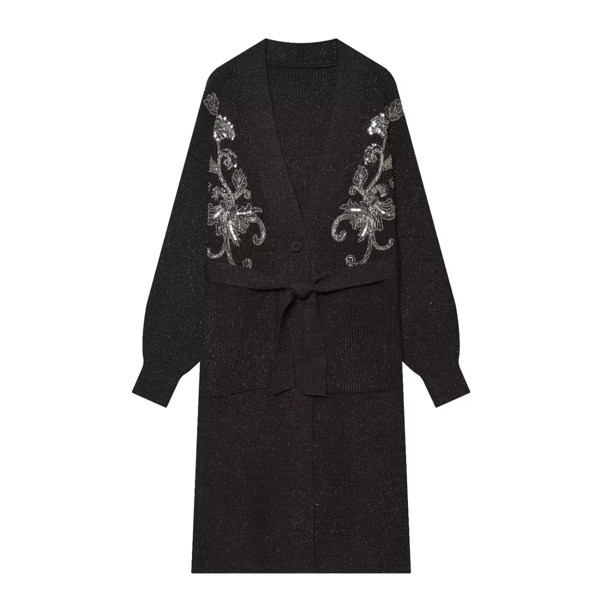 Black sequin embroidered belted long cardigan, front flat lay