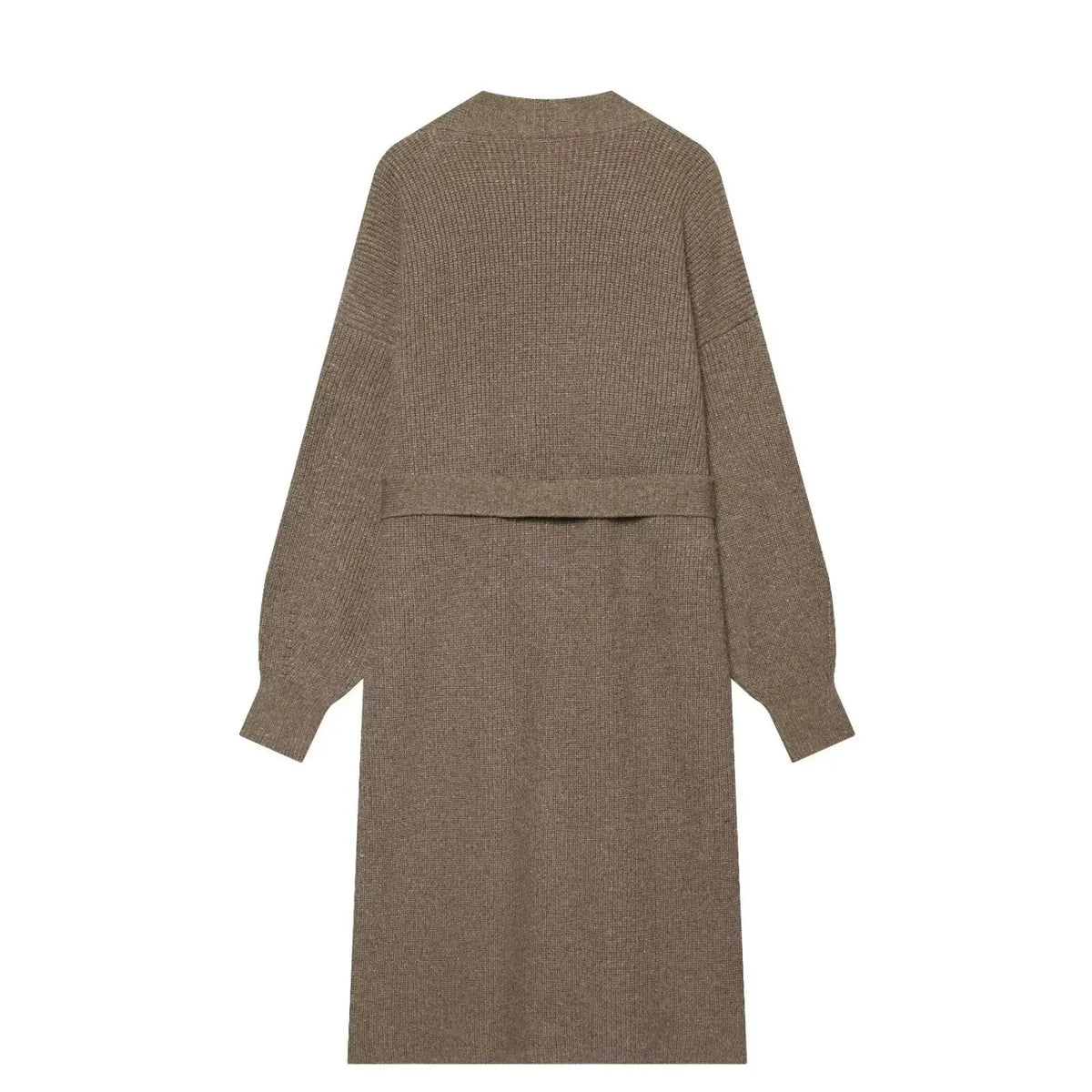 Camel sequin embroidered belted long cardigan, back flat lay