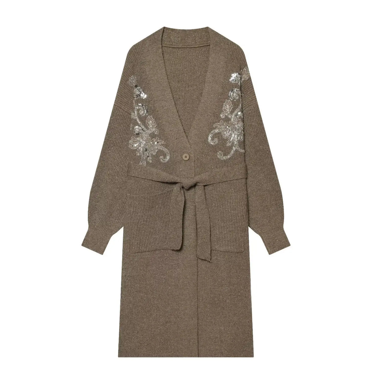Camel sequin embroidered belted long cardigan, front flat lay
