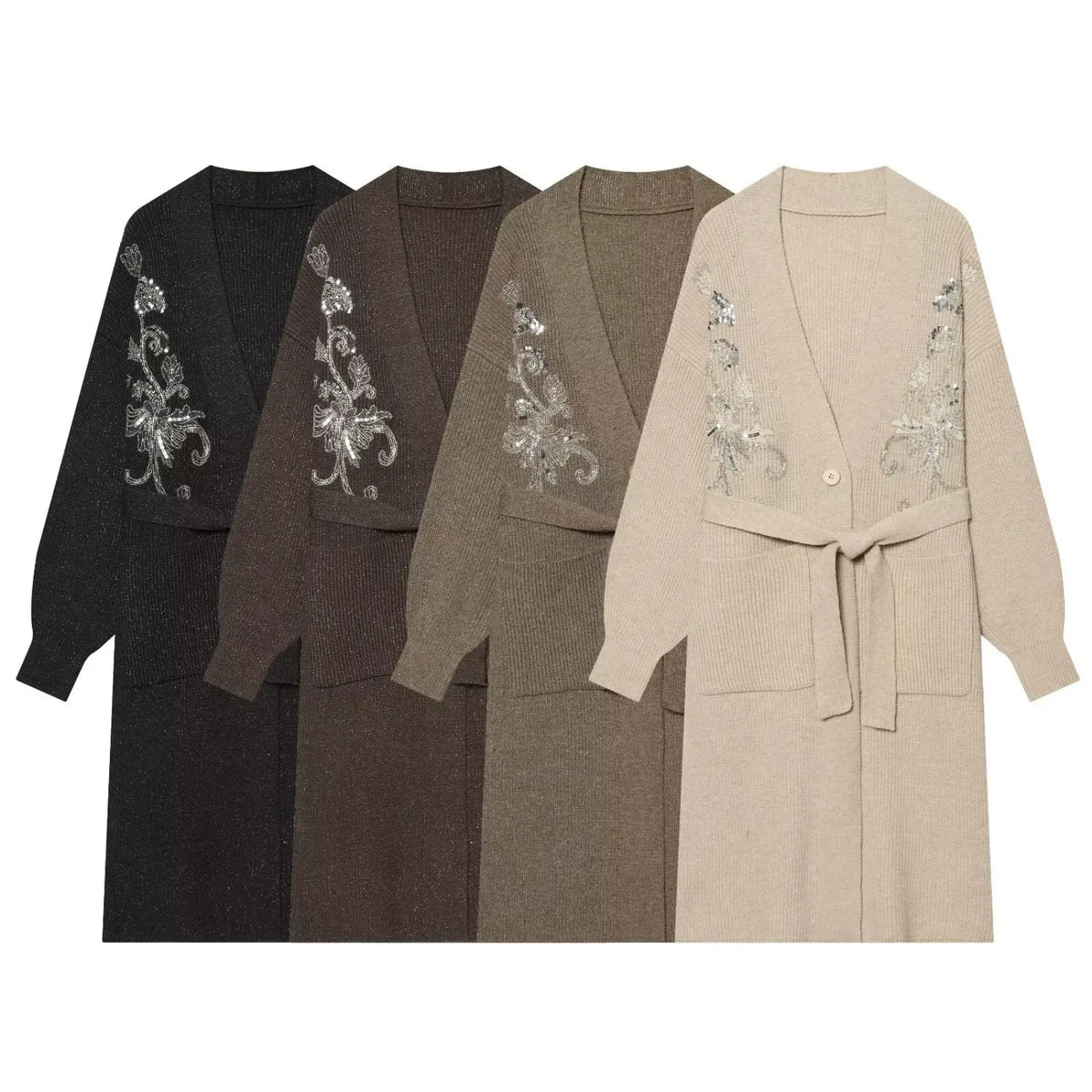 Four colorways of sequin embroidered belted long cardigan, black dark brown camel beige