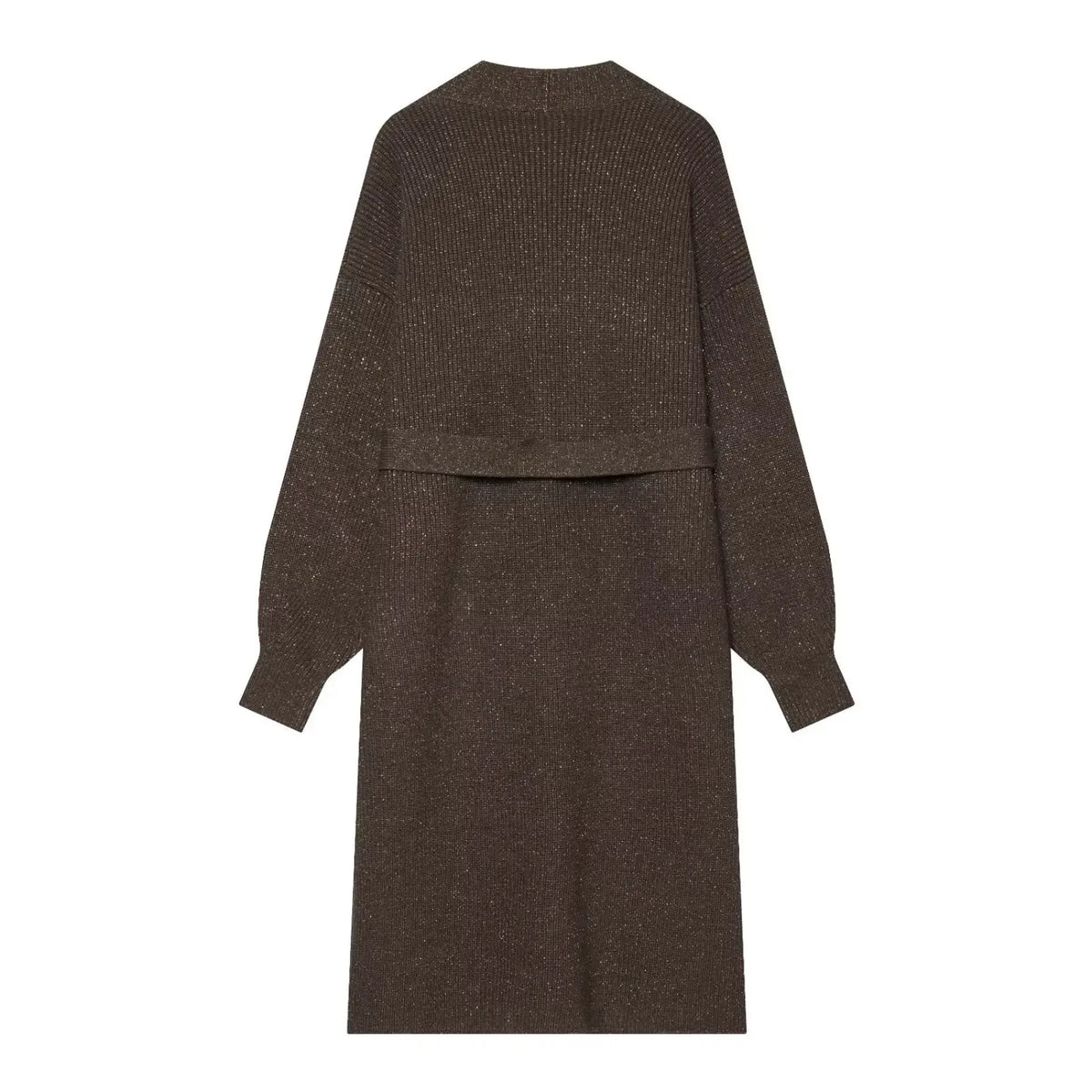 Dark brown sequin embroidered belted long cardigan, back flat lay