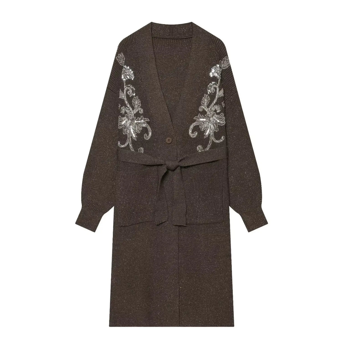 Dark brown sequin embroidered belted long cardigan, front flat lay