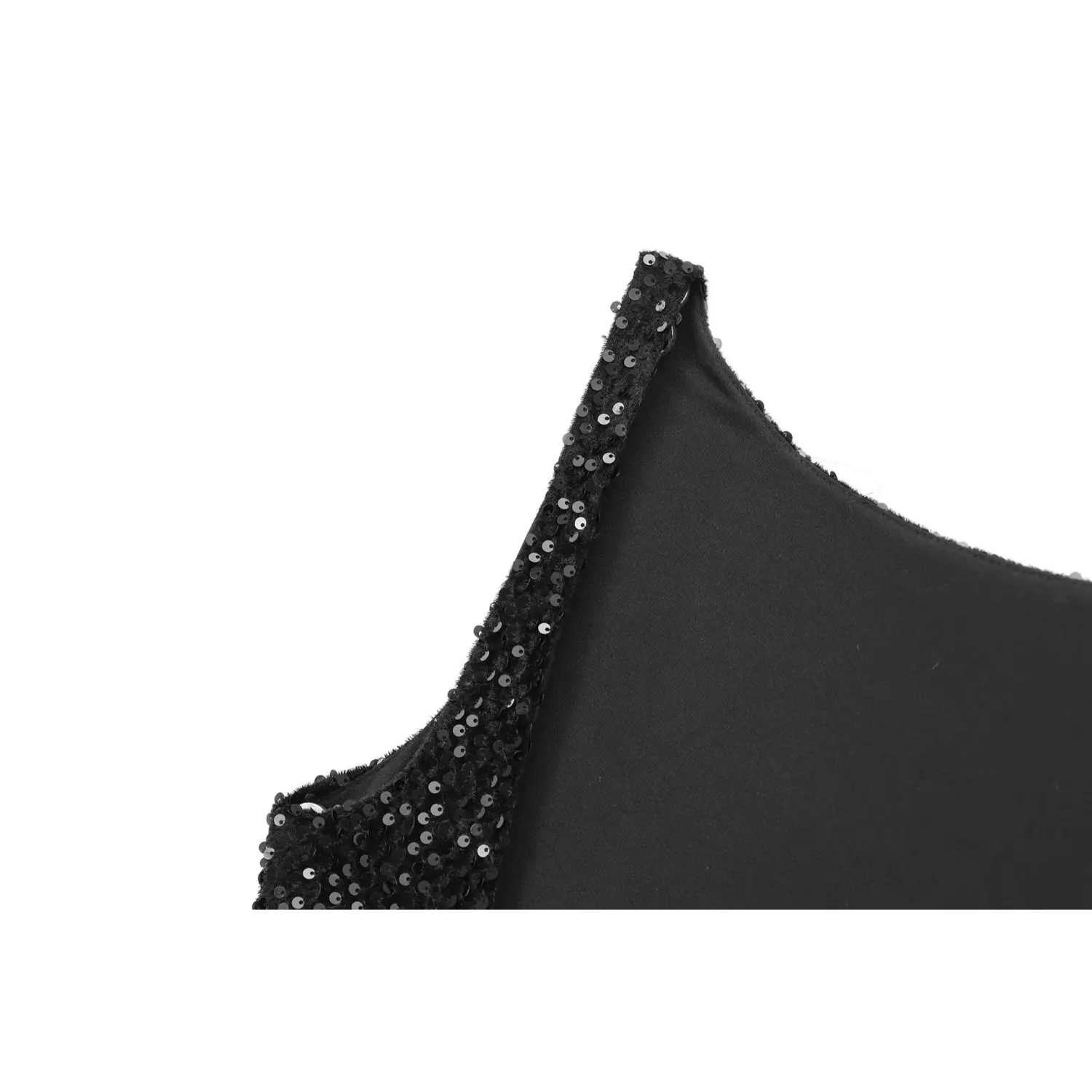 Close-up of the sequin-embellished shoulder strap and inner lining on black party dress