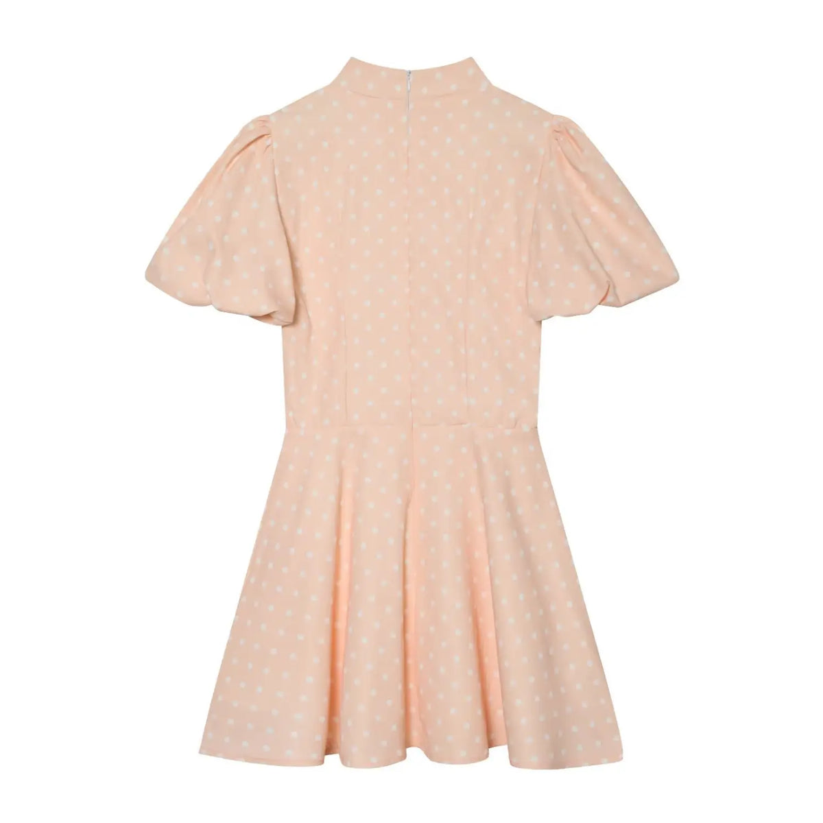 Shell Pink polka dot mini dress back view,concealed back zipper,puff short sleeve,flared mini hem