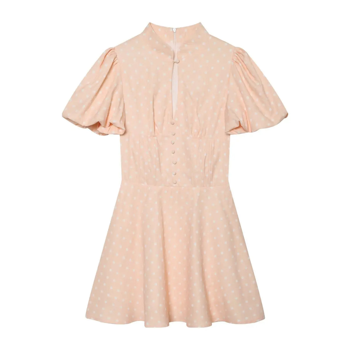 Shell Pink polka dot mini dress front view,puff short sleeve,stand collar,keyhole neck,front faux buttons,feminine fit‑flare silhouette