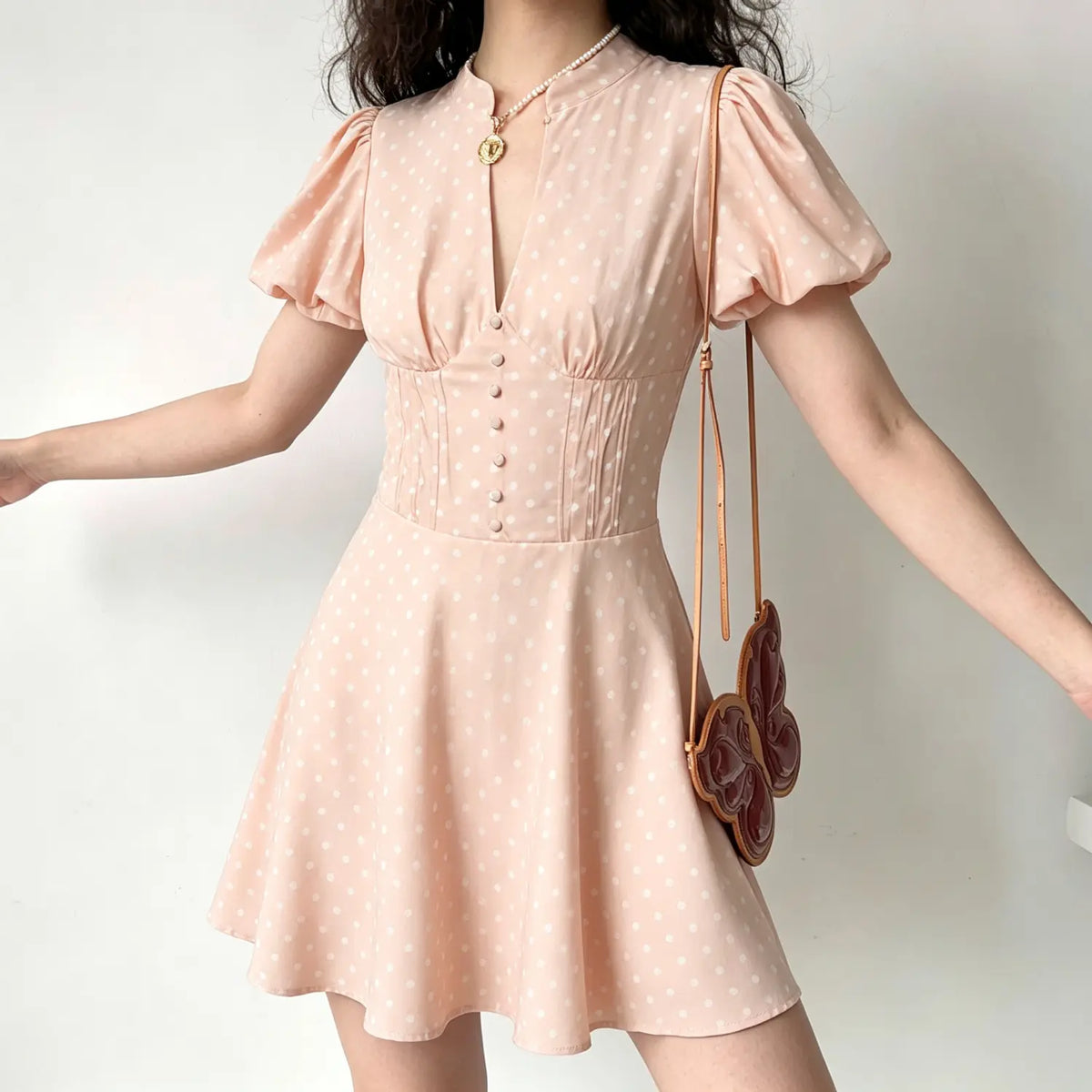 Shell pink white polka dot mini dress on model,stand collar puff sleeve fitted waist flared skirt,vintage women outfit