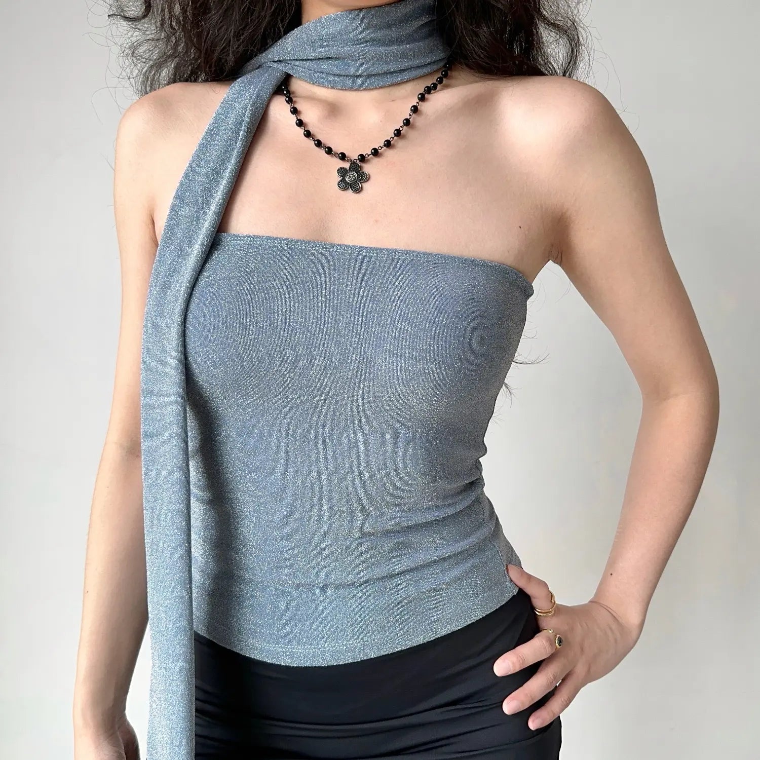 Shimmer glitter blue strapless tube top with matching wrap choker tie, slim ruched cropped cami women going out top