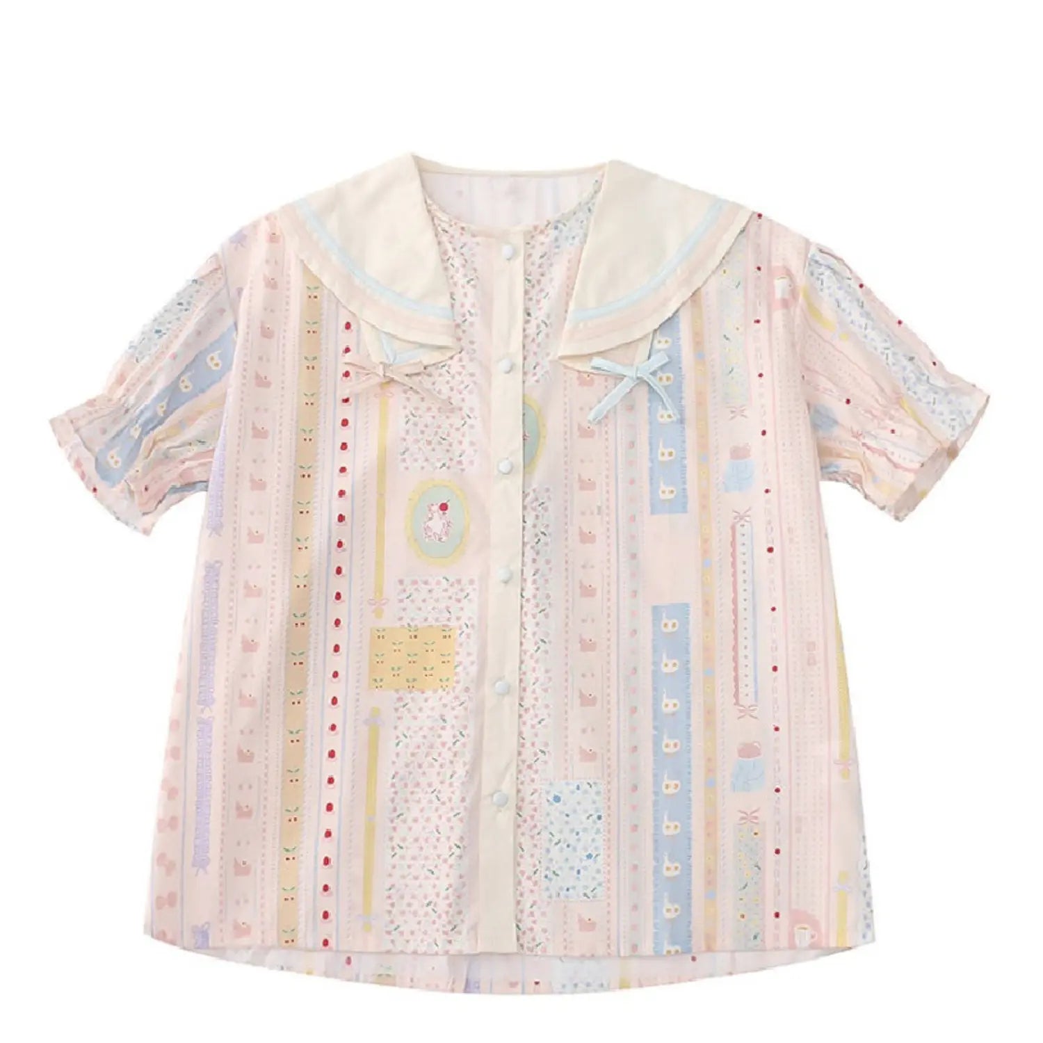 Puff short sleeve sailor print blouse white flat lay, double sailor lapel split color shoulder bows vertical cartoon strip print elastic ruffle short sleeve summer cropped silhouette flat display