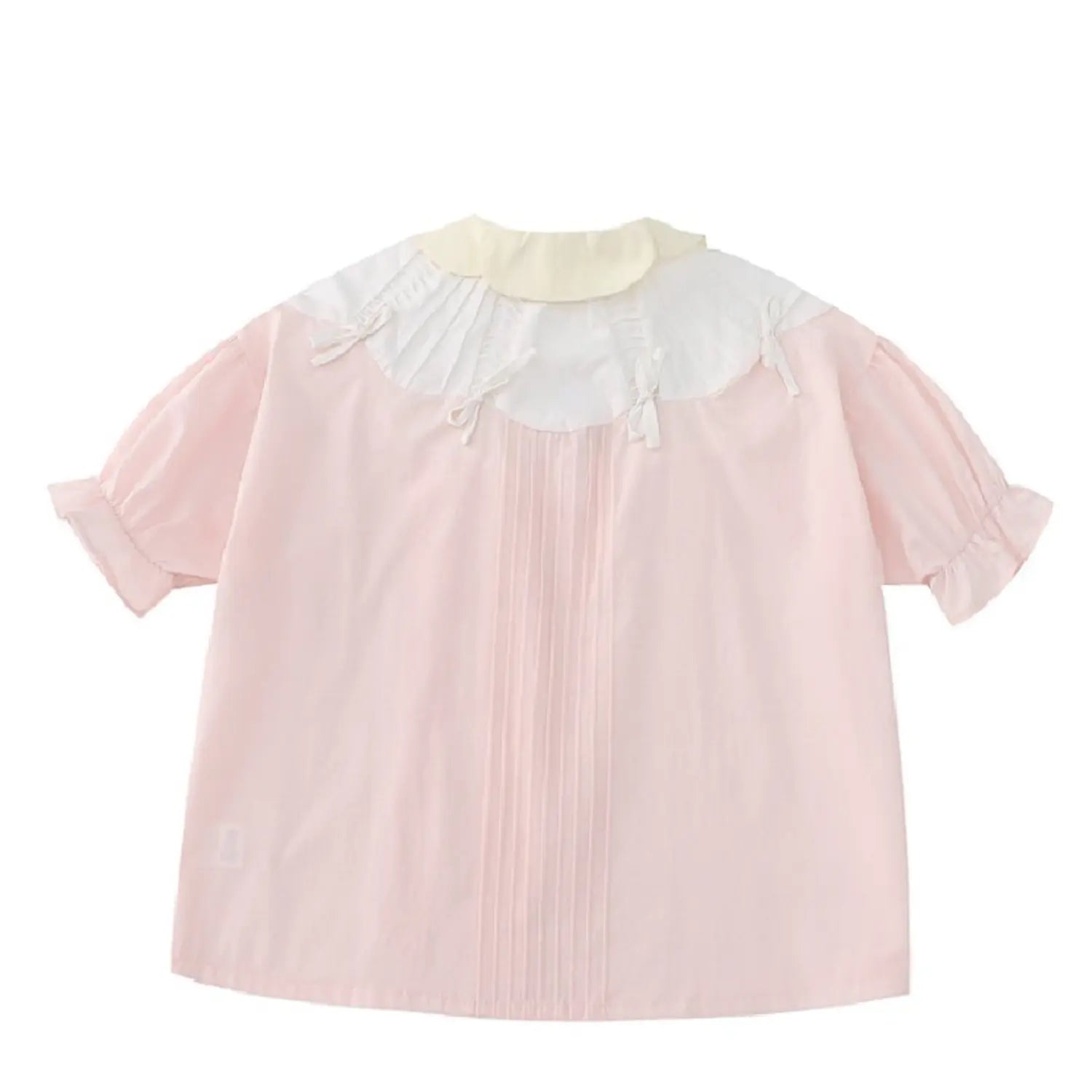 Short sleeve doll collar blouse full back white flat lay, double cream ruffle peter pan collar symmetrical shoulder bows full back vertical pleated tucks loose dropped shoulder back silhouette full display