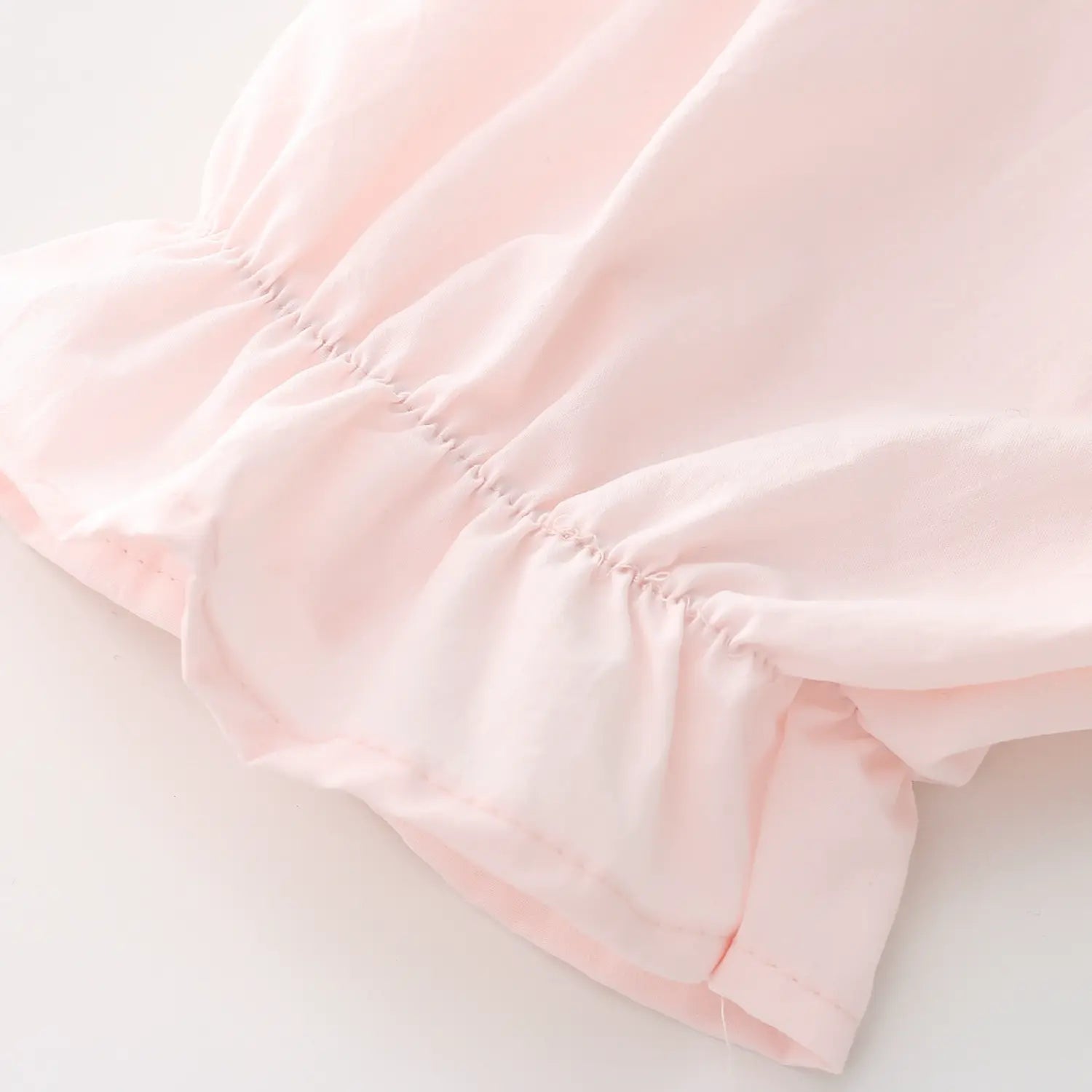 Short puff sleeve elastic ruffle cuff macro close-up, even cuff gathering form fluffy frill hem double thread binding durable shape retention clear breathable cotton texture detail shot