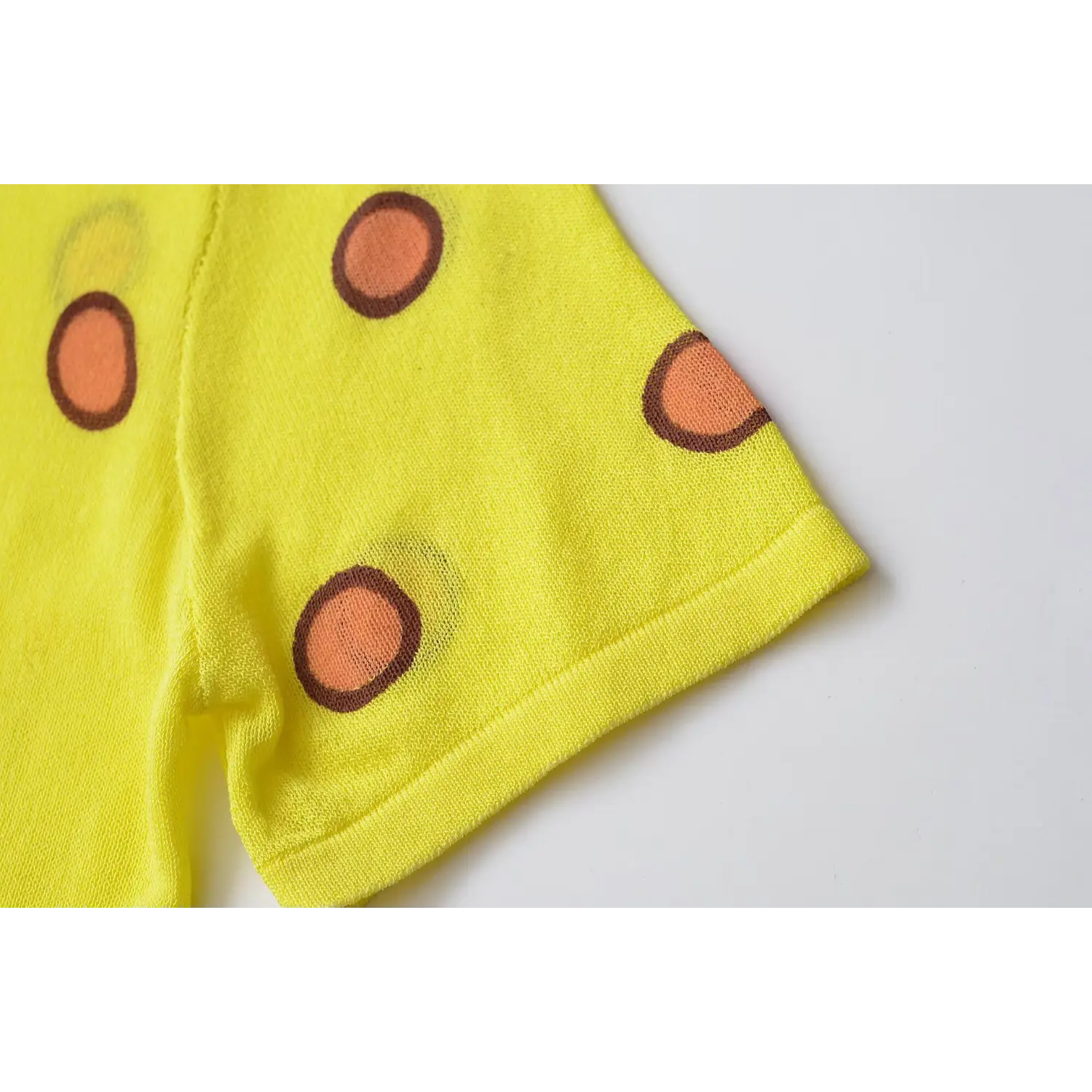 Sleeve hem close-up, ribbed cuff, lightweight polka dot knit, breathable thin knit structure