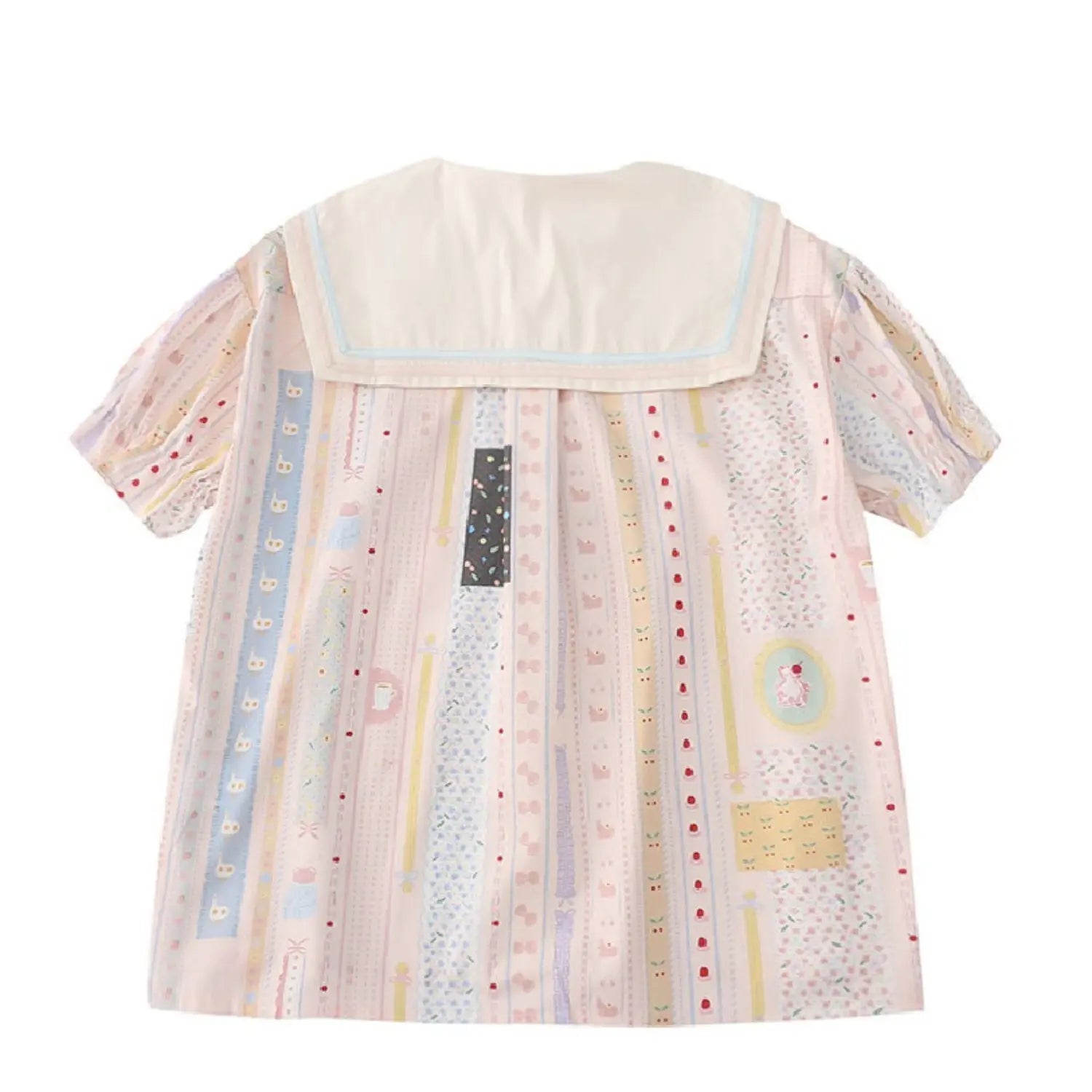 Short sleeve sailor print blouse full back white flat lay, full cream wide sailor lapel full vertical cartoon stripe print loose dropped shoulder puff short sleeves complete back silhouette & pattern display