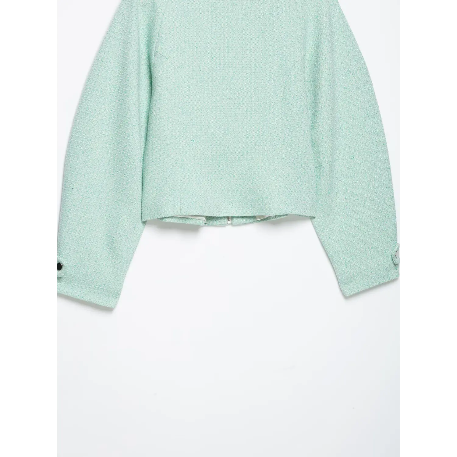 Flat rear shot mint green woven cropped outerwear, long sleeves with cuff button decoration